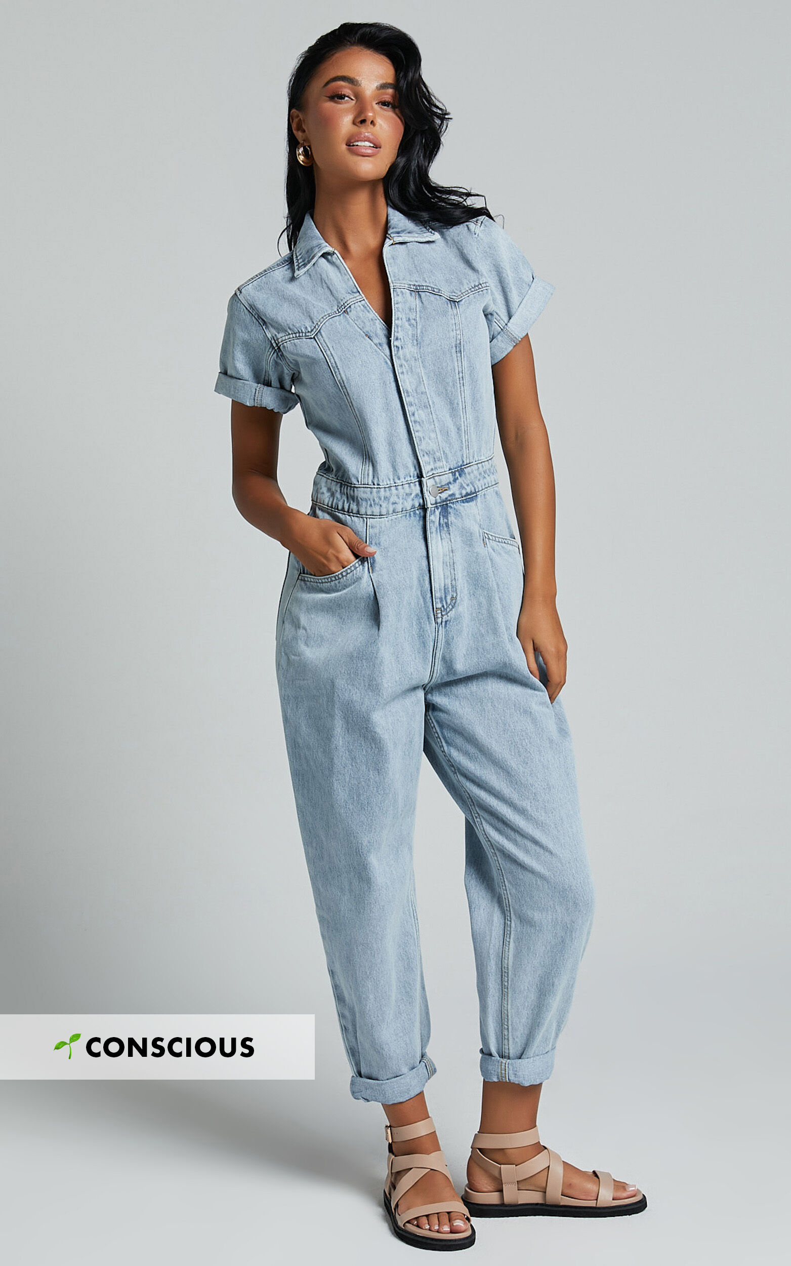 Jordyn Jumpsuit - Short Sleeve Collared Button Through Denim Jumpsuit in Light Blue