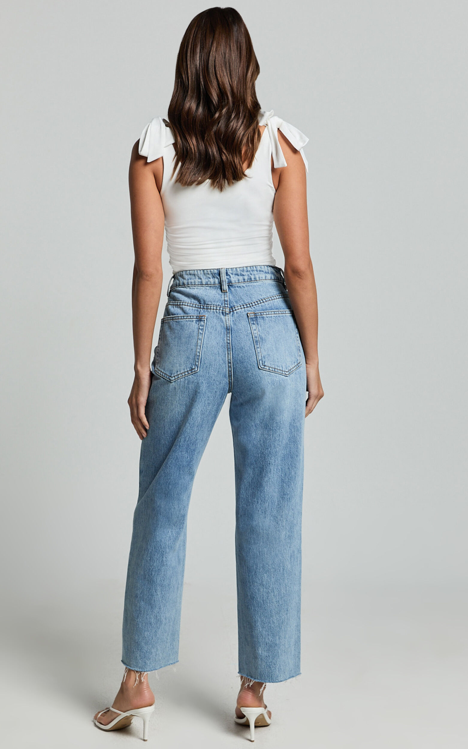 Imelda Jeans - Mid Waist Frayed Hem Recycled Denim Crop Straight Leg Jeans in Mid Blue Wash