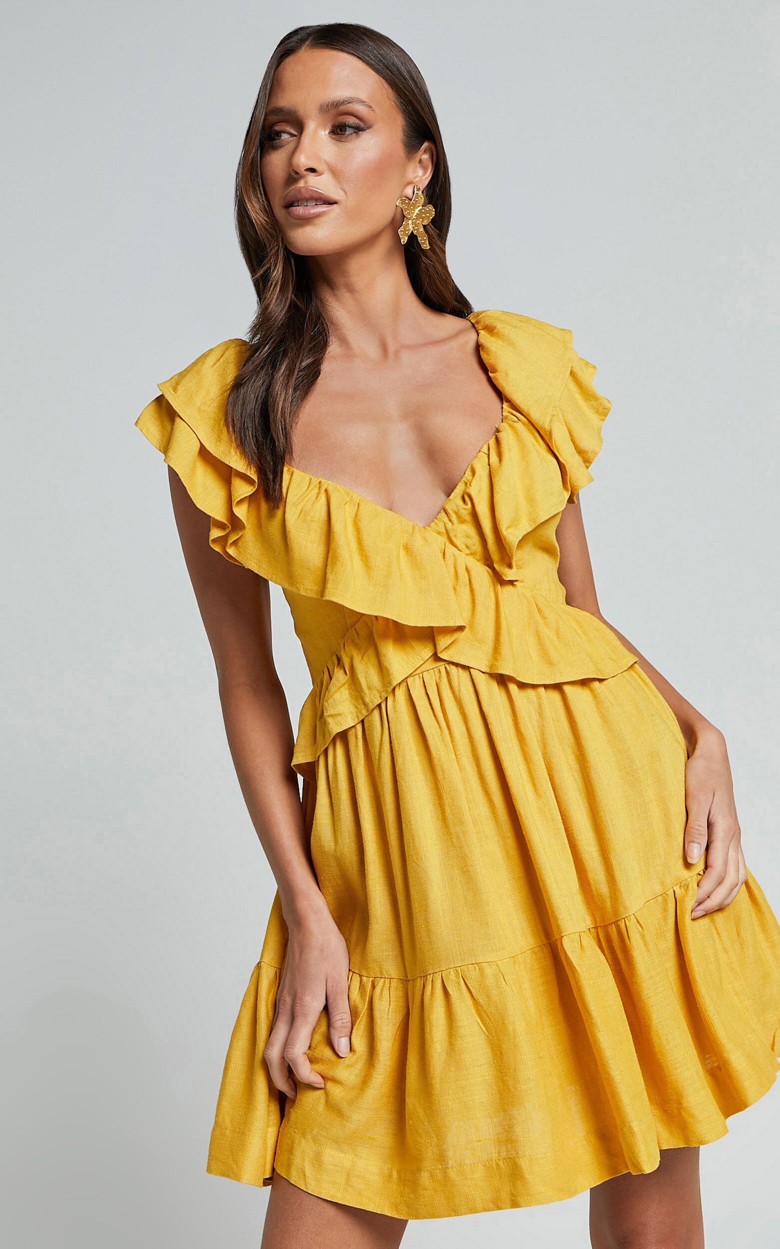 Amalie The Label - Hescia Linen Blend Frill Detail Low Back Mini Dress in Warm Yellow Gold