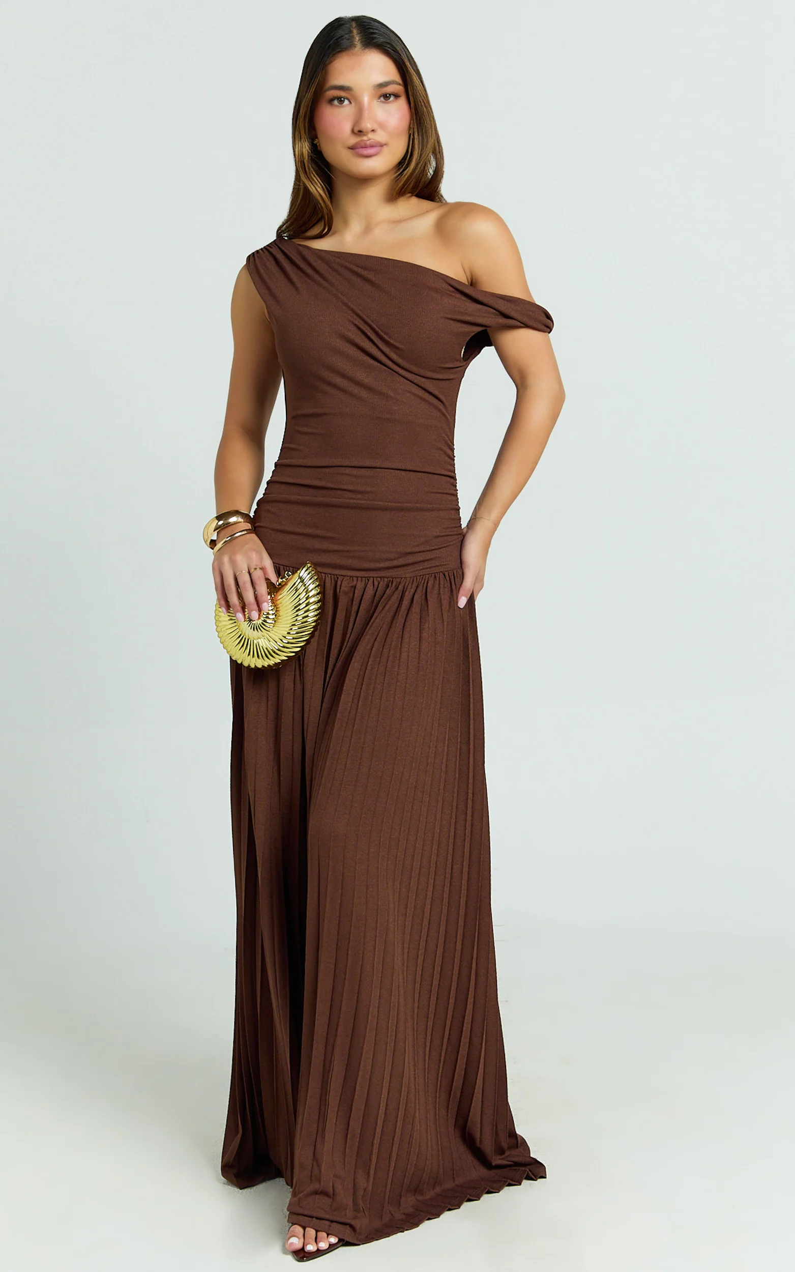 Yvonne Maxi Dress - Pleat Skirt Tip Shoulder Ruched Dress in Chocolate