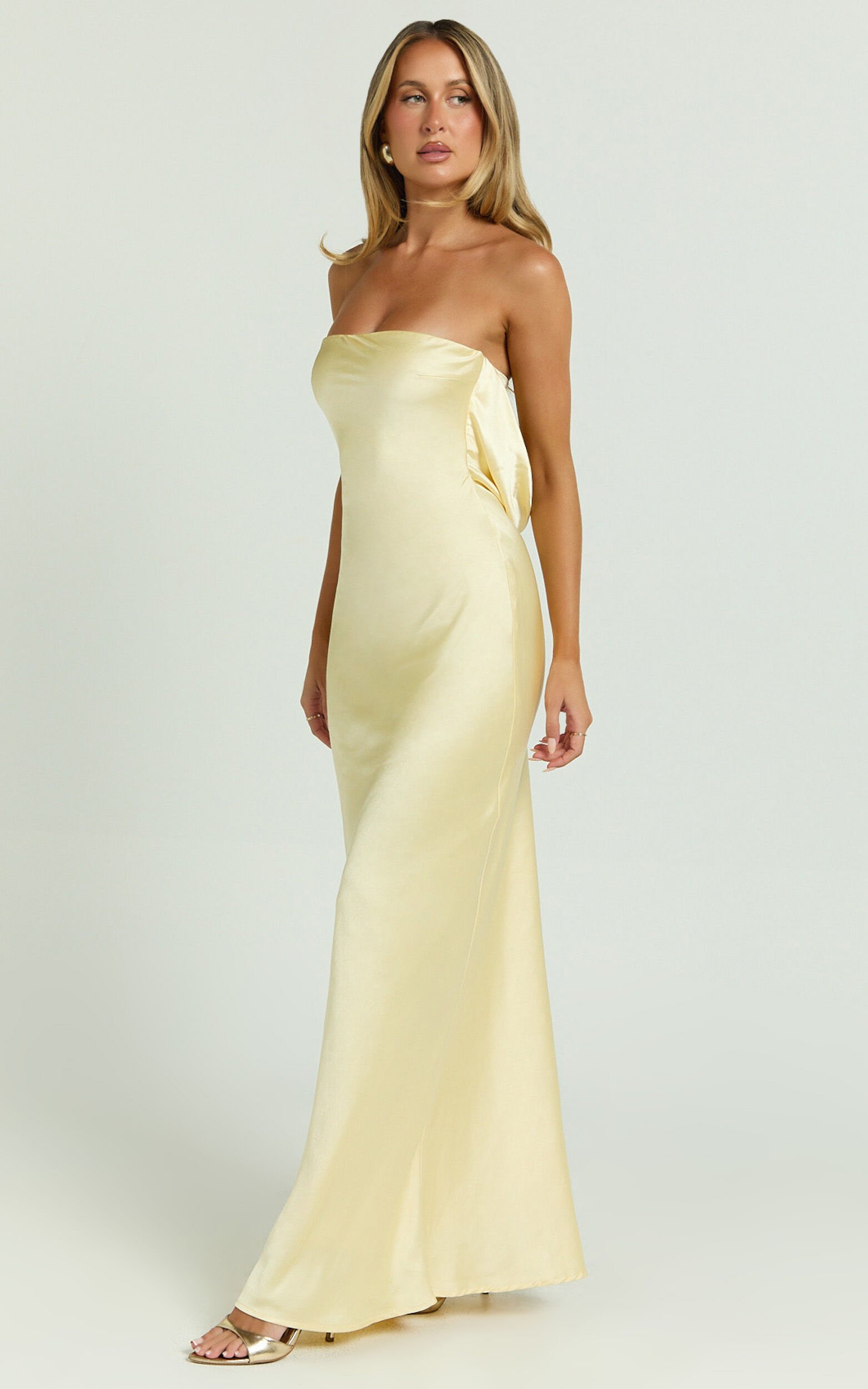 Charlita Maxi Dress - Strapless Cowl Back Satin Dress in Butter Yellow