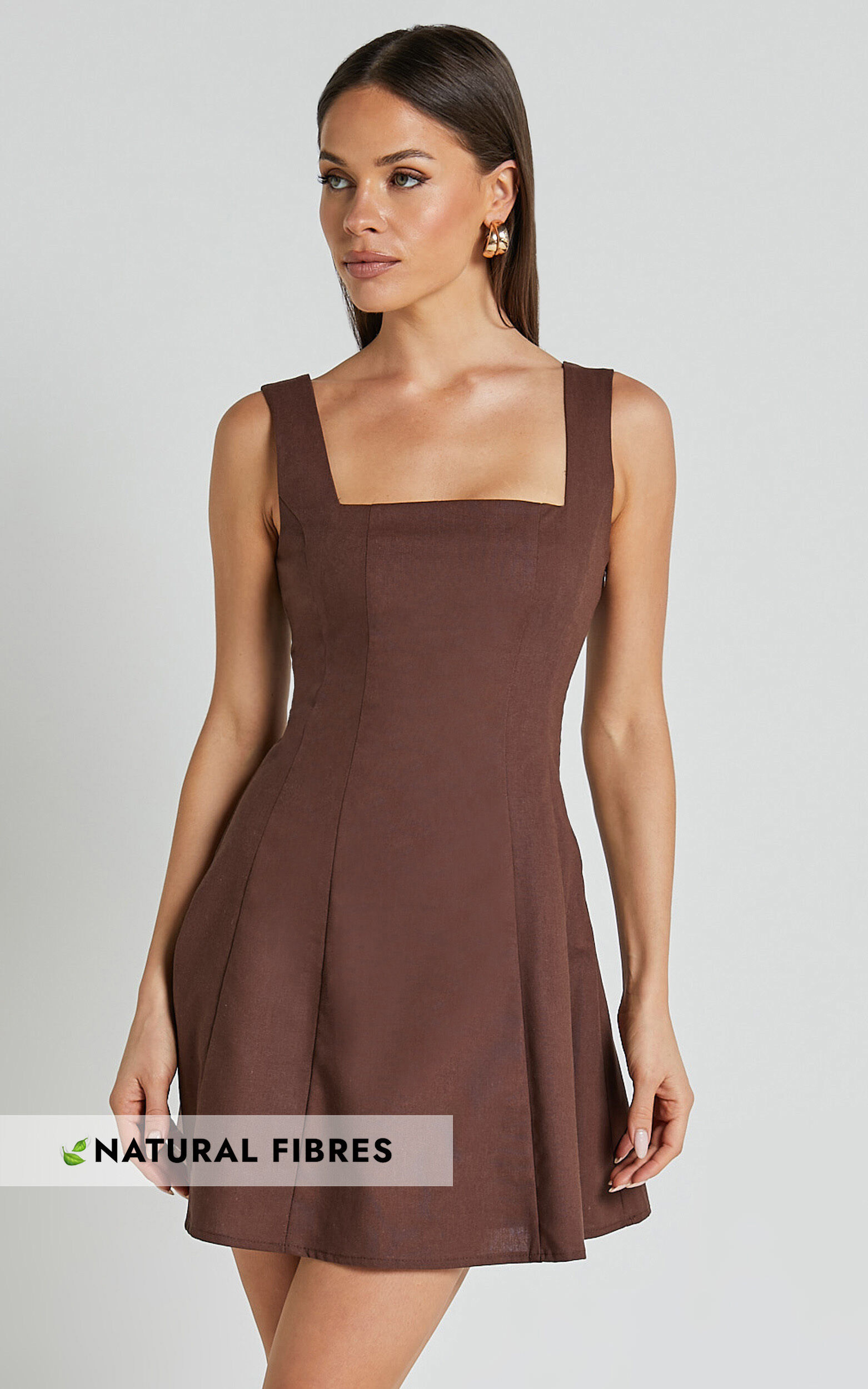 Adiana Mini Dress - Linen Square Neck Shirred Back A Line Dress in Chocolate