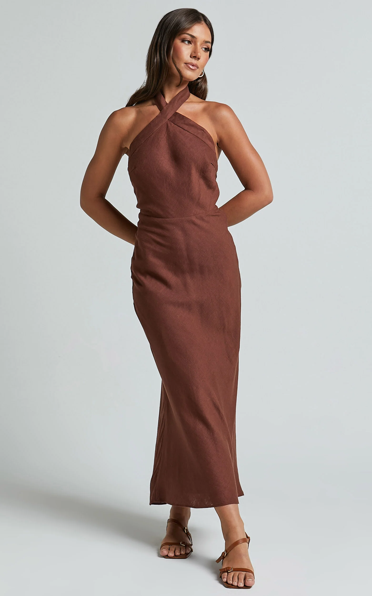 Maelynn Midi Dress - Linen Twist Halter Neck Low Back Slip Dress in Chocolate