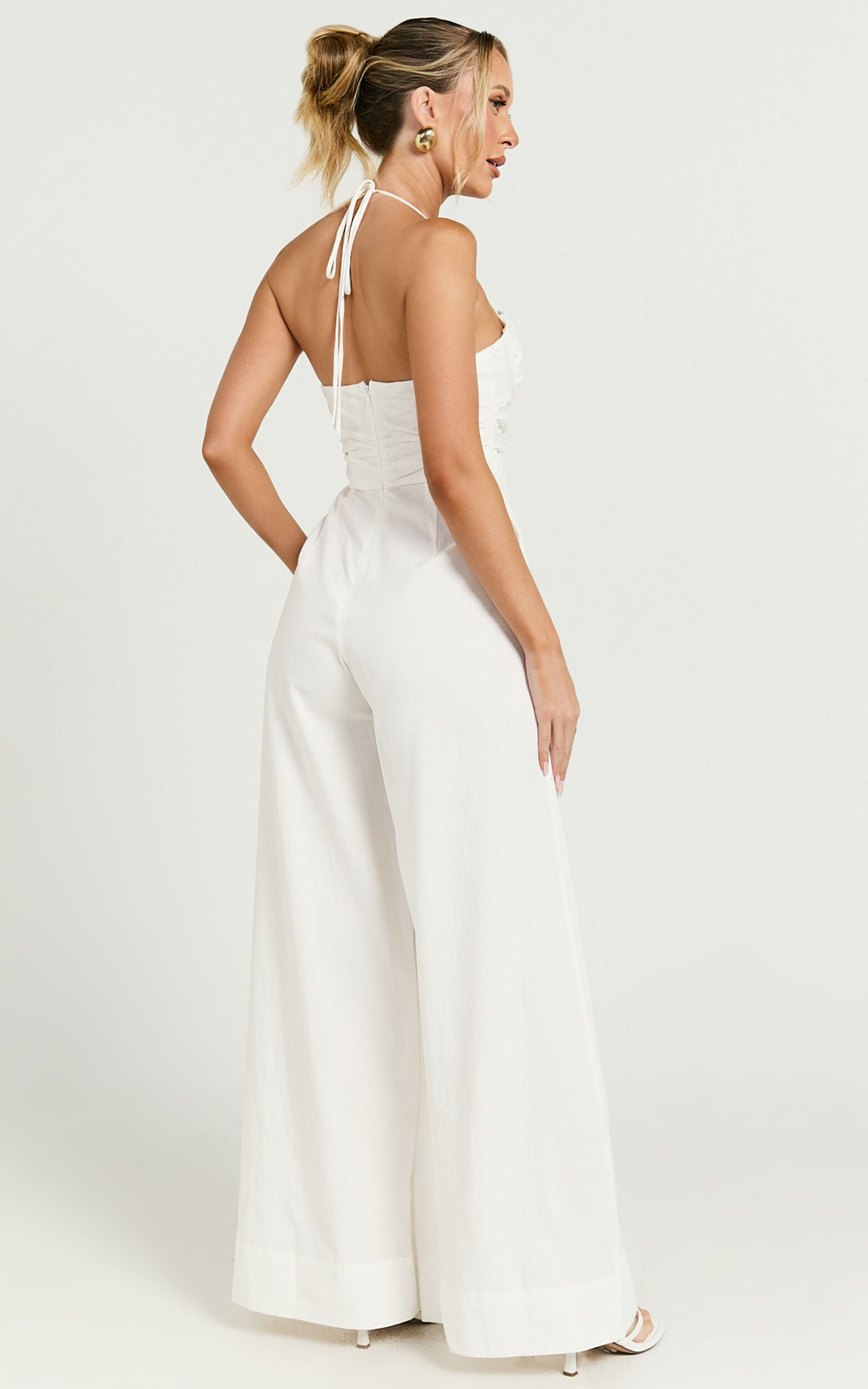 Norah Jumpsuit - Linen Halter Neck Wide Leg Jumpsuit in White