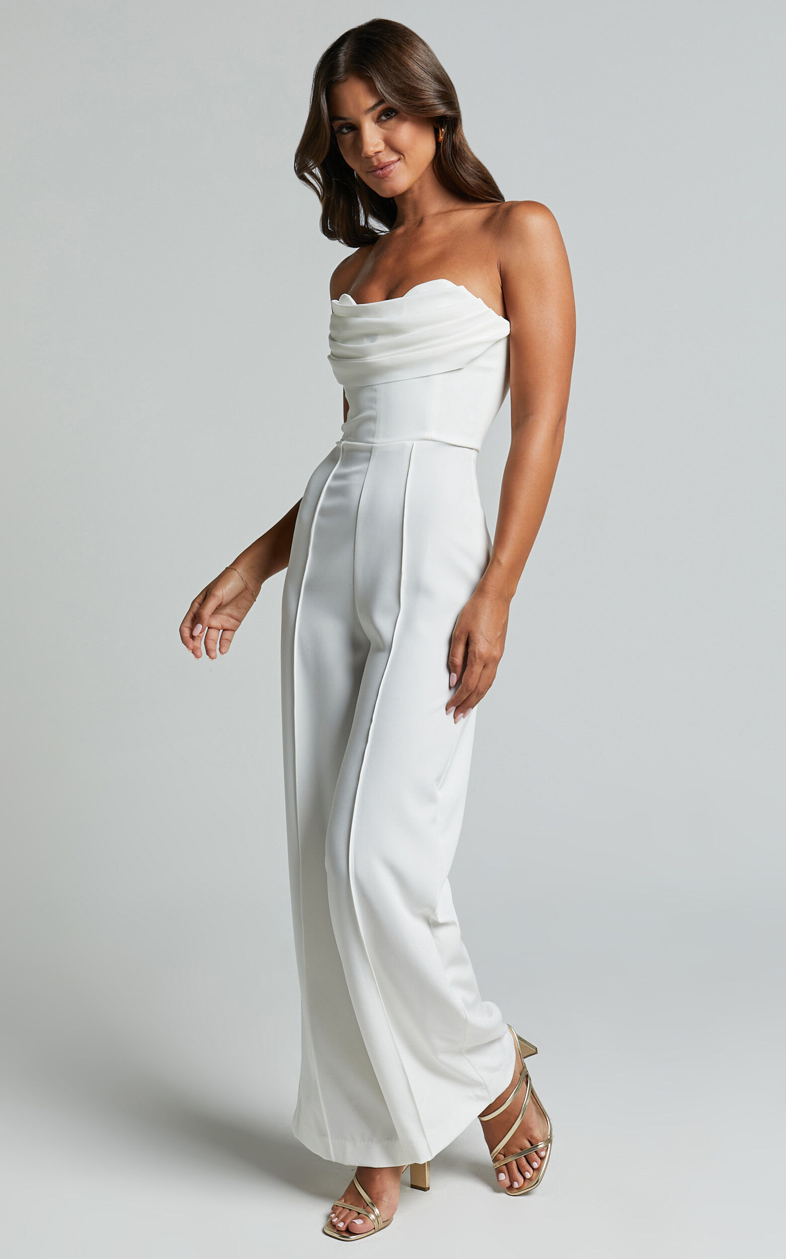 Stacey Jumpsuit - Strapless Cowl Wide Leg Jumpsuit in Off White