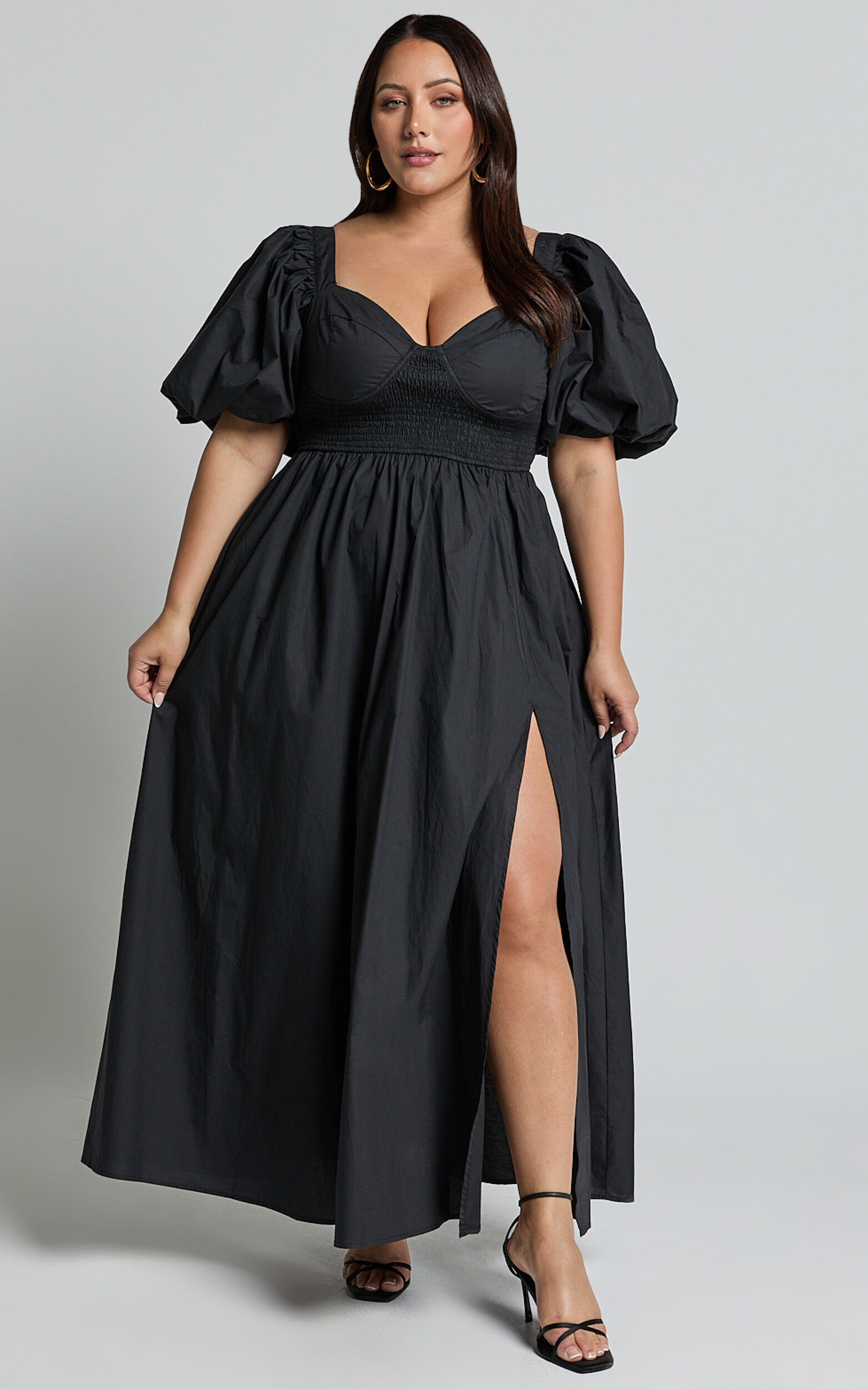 Raiza Midi Dress - Shirred Waist Puff Sleeve Dress in Black