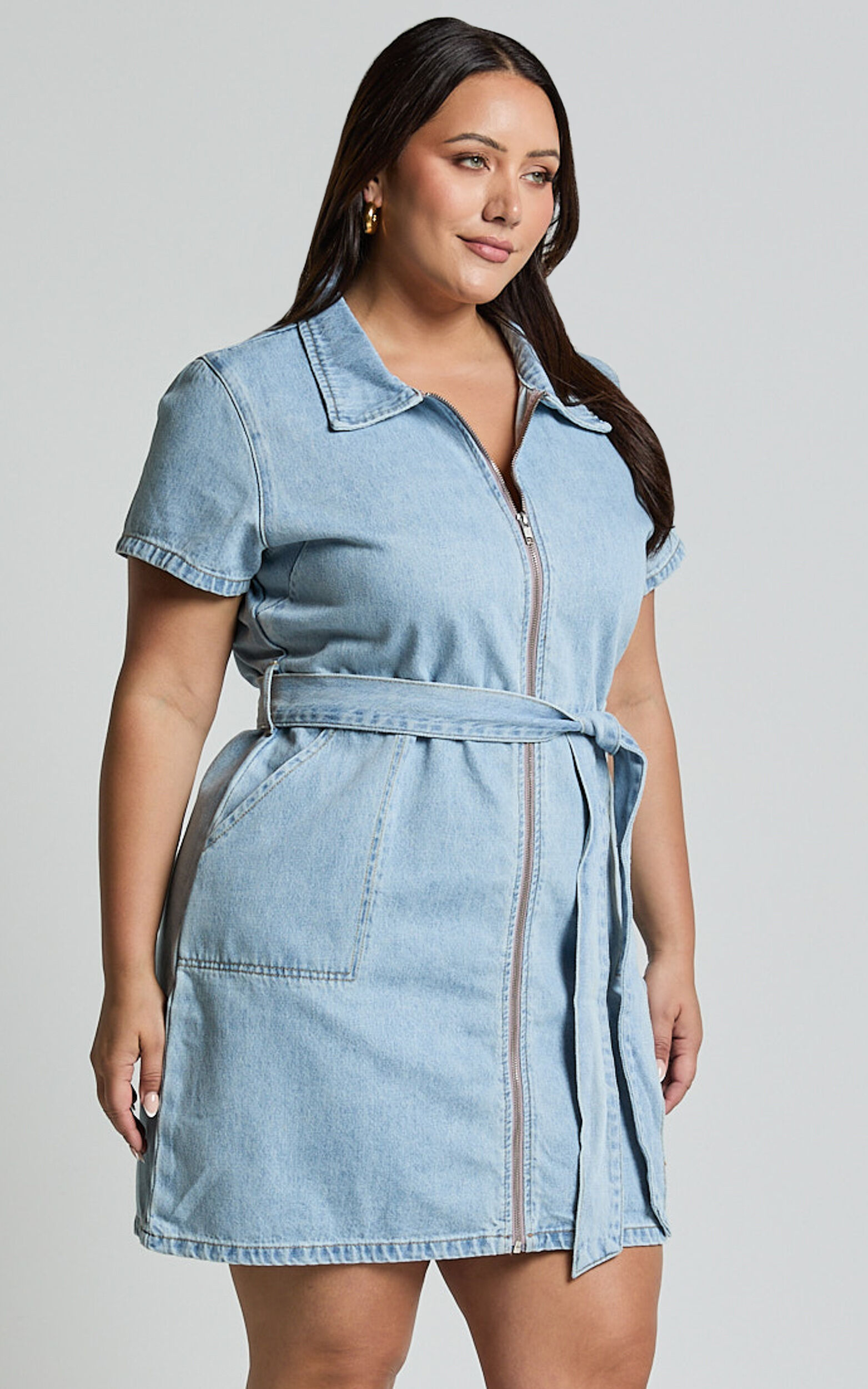 Nandini Mini Dress - Zip Through Denim Dress in Light Blue Wash