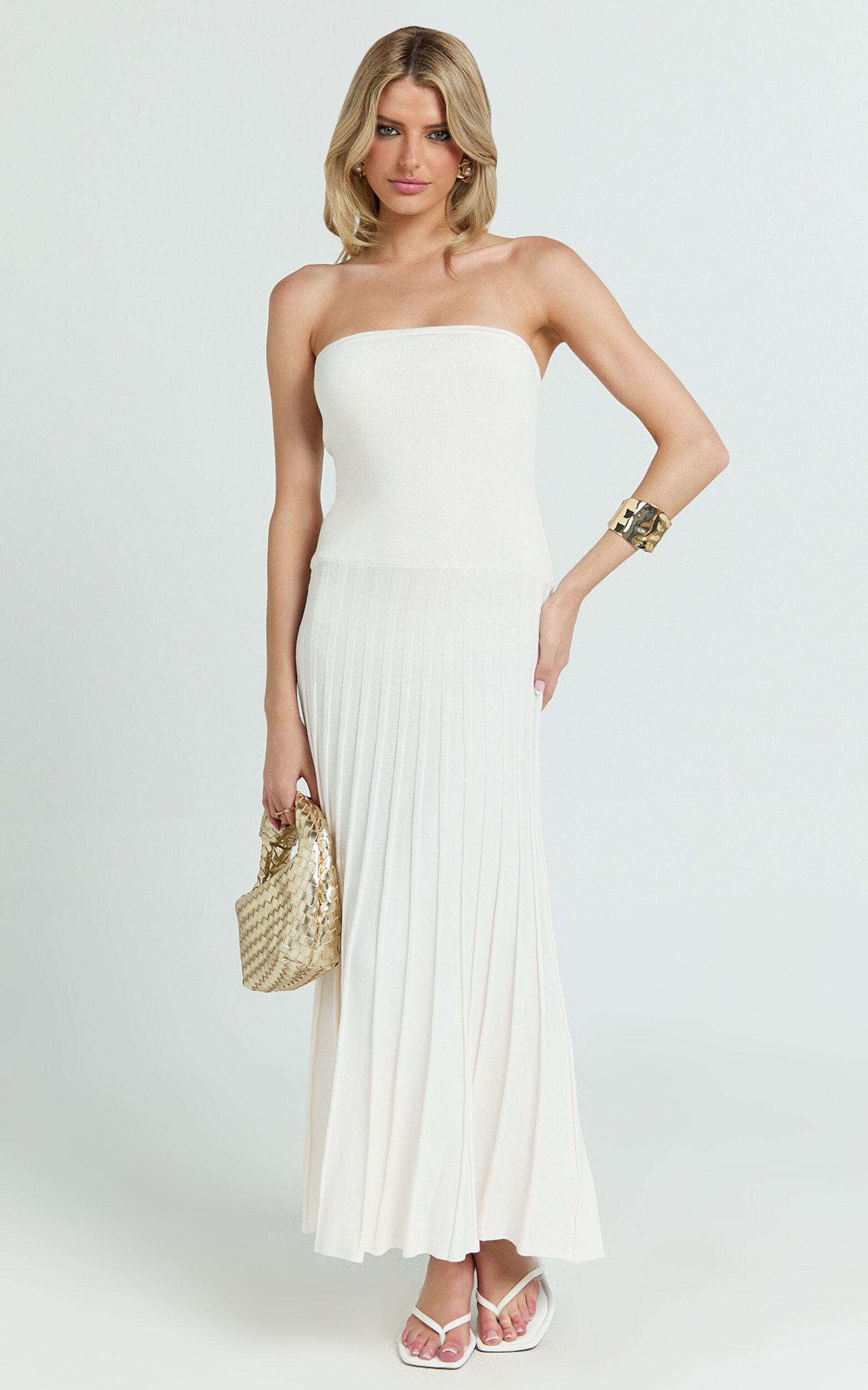 Paris Midi Dress - Strapless Drop Waist Pleated Knit Dress in White