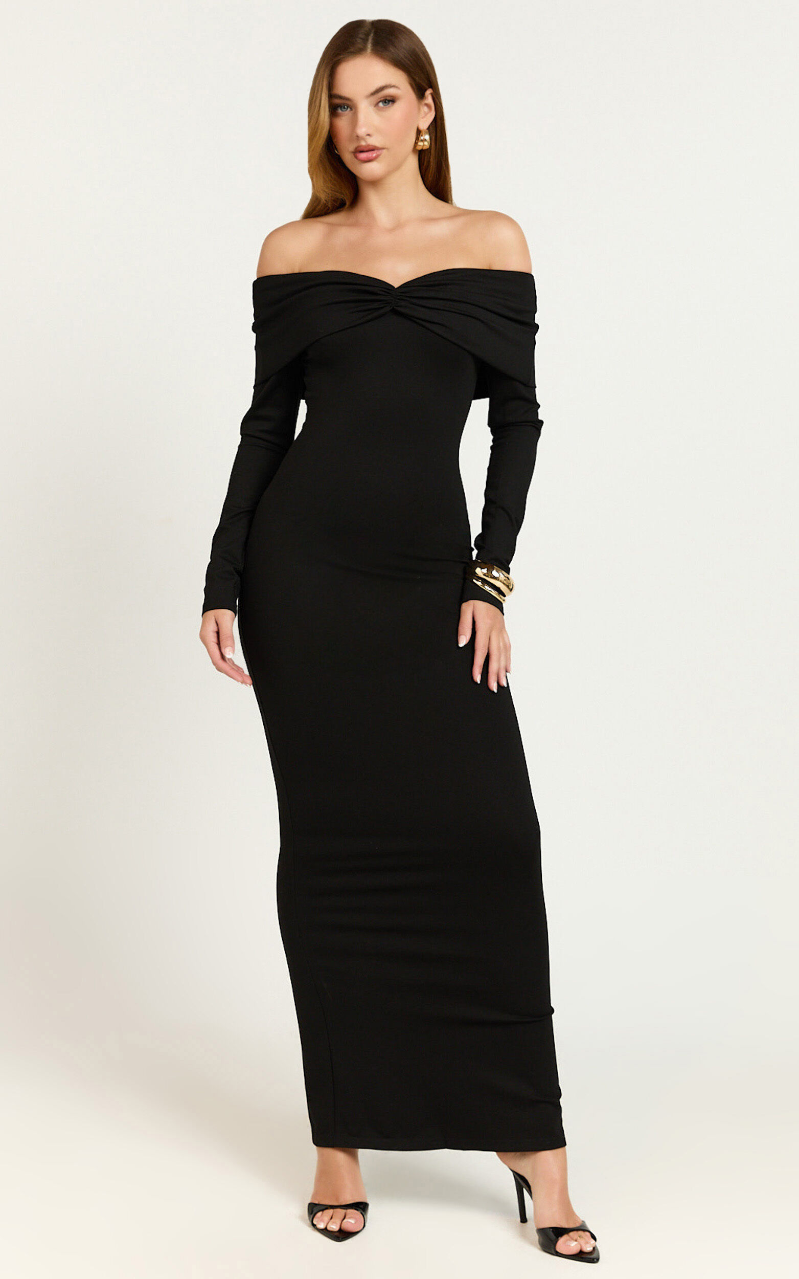 Rani Maxi Dress - Off Shoulder Long Sleeve Bodycon Dress in Black