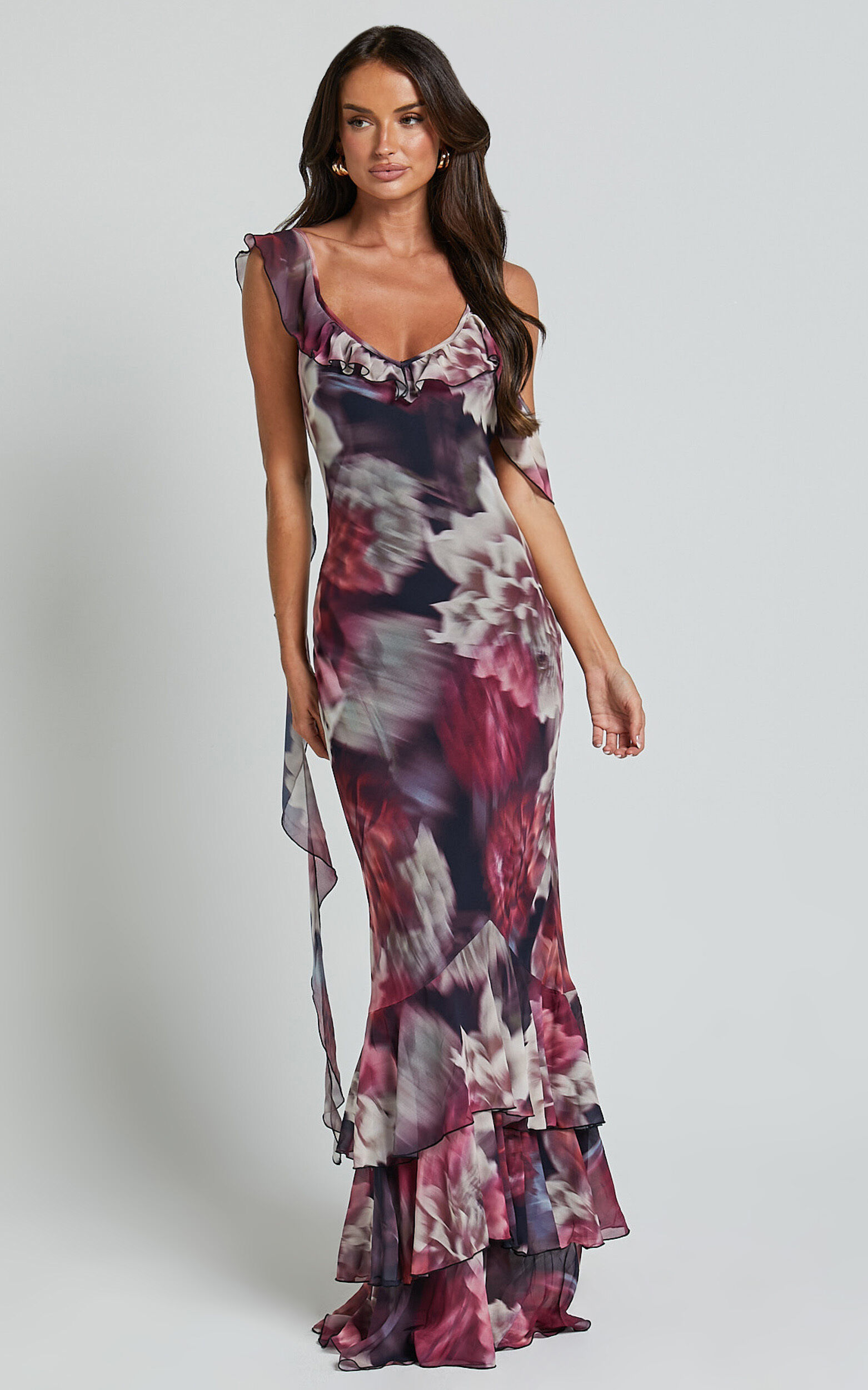 Riley Maxi Dress - Asymmetric Ruffle Detail Maxi Dress in Mariache Rose