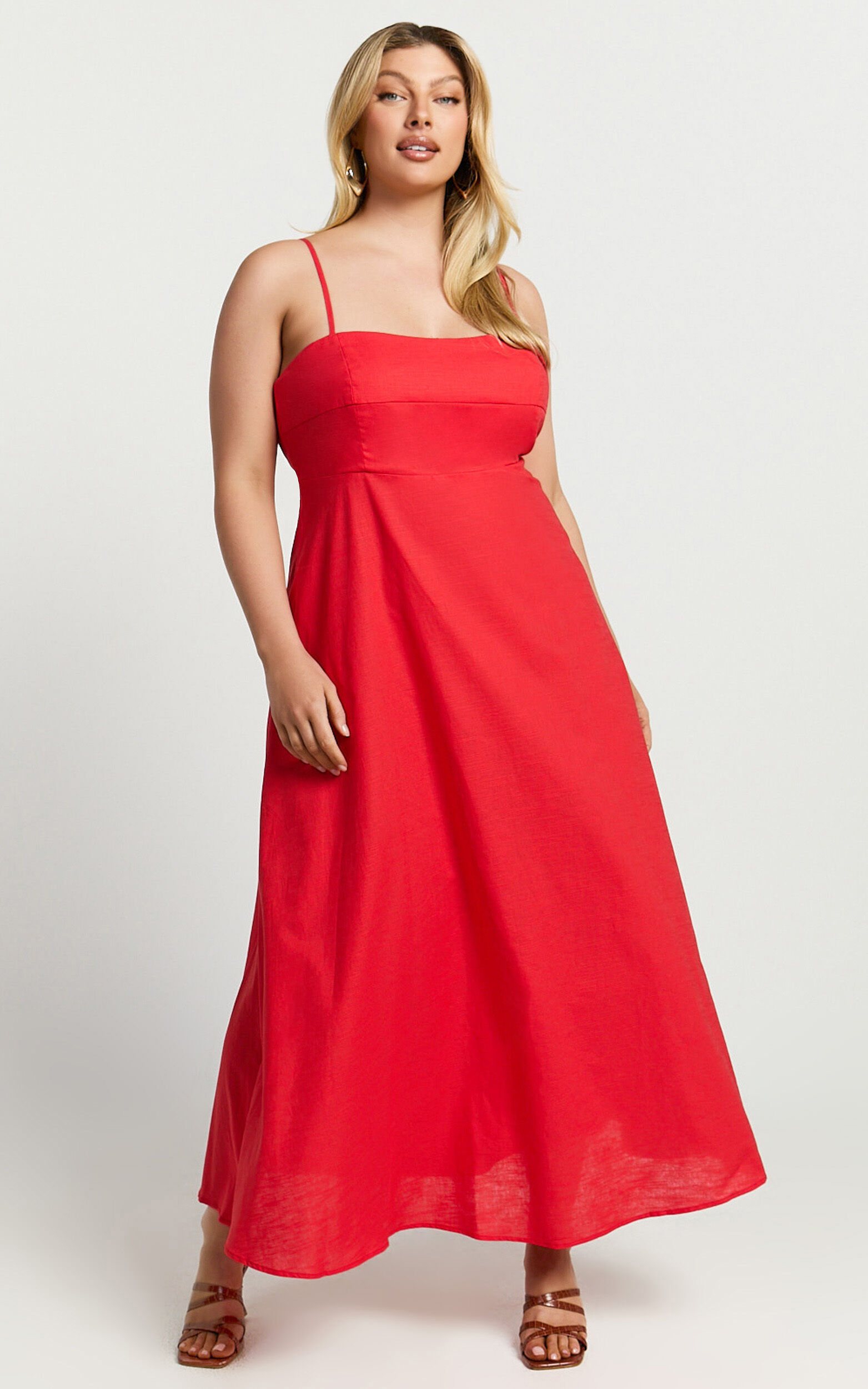 Brette Midi Dress - Linen Straight Neck Strappy Fit And Flare Dress in Red