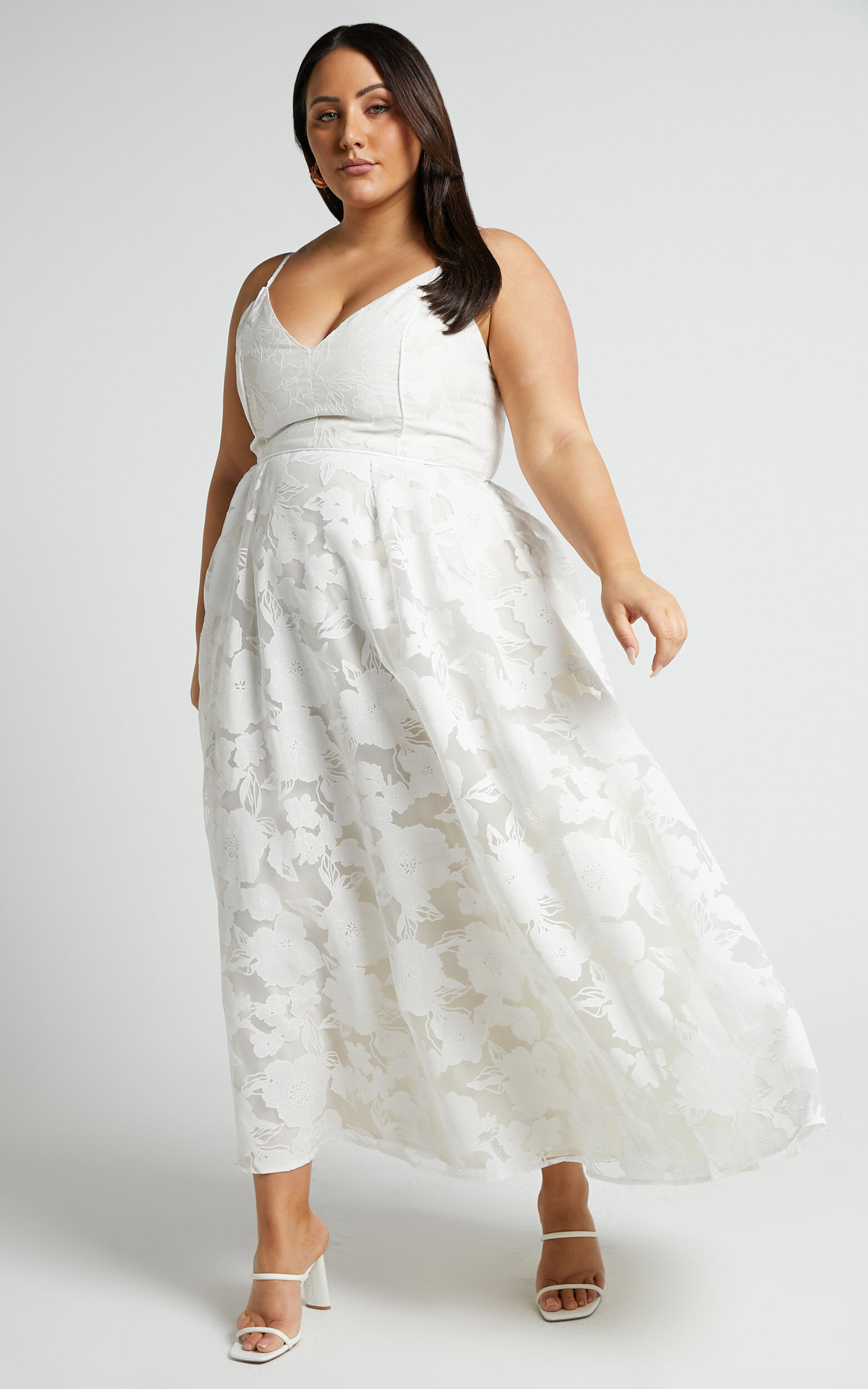 Philine Midi Dress - Jacquard Plunge Fit and Flare Dress in White