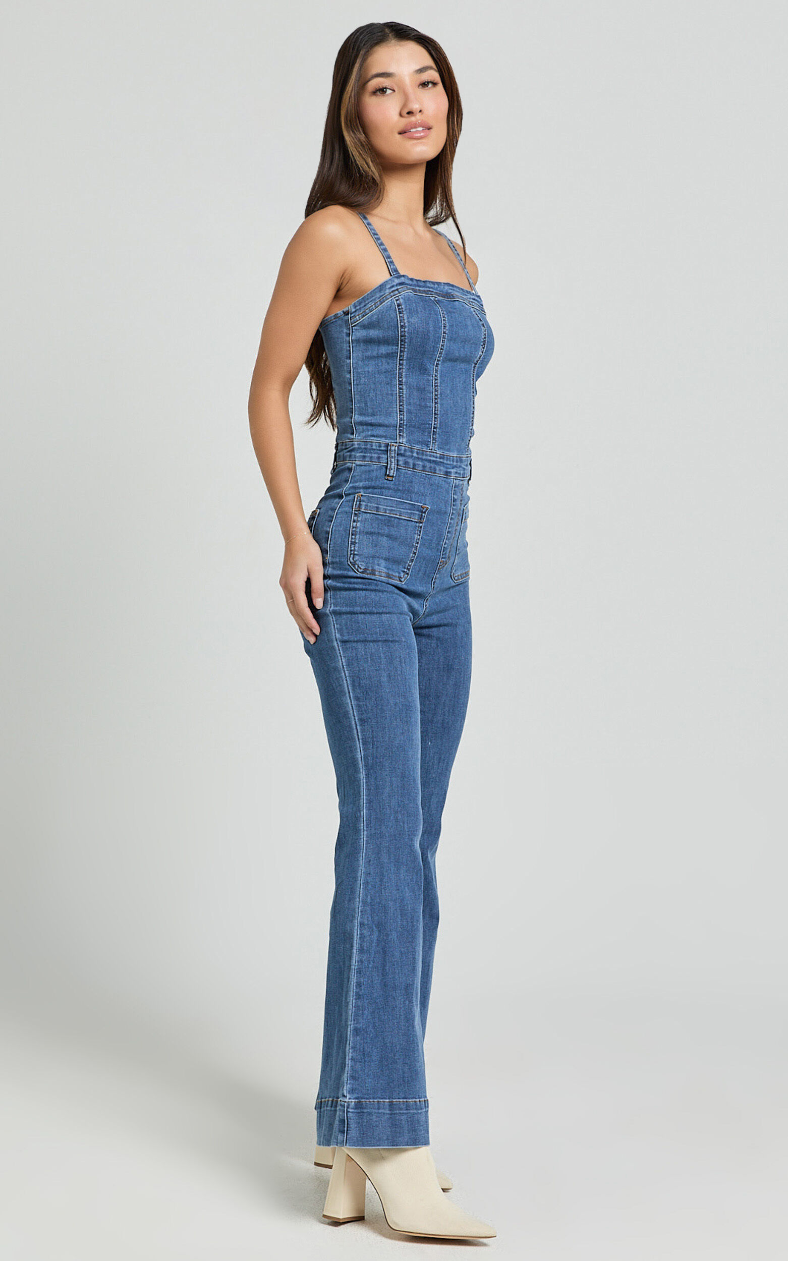 Joey Jumpsuit - Panelled Cami Flared Bottom Denim Jumpsuit in Dark Blue Wash