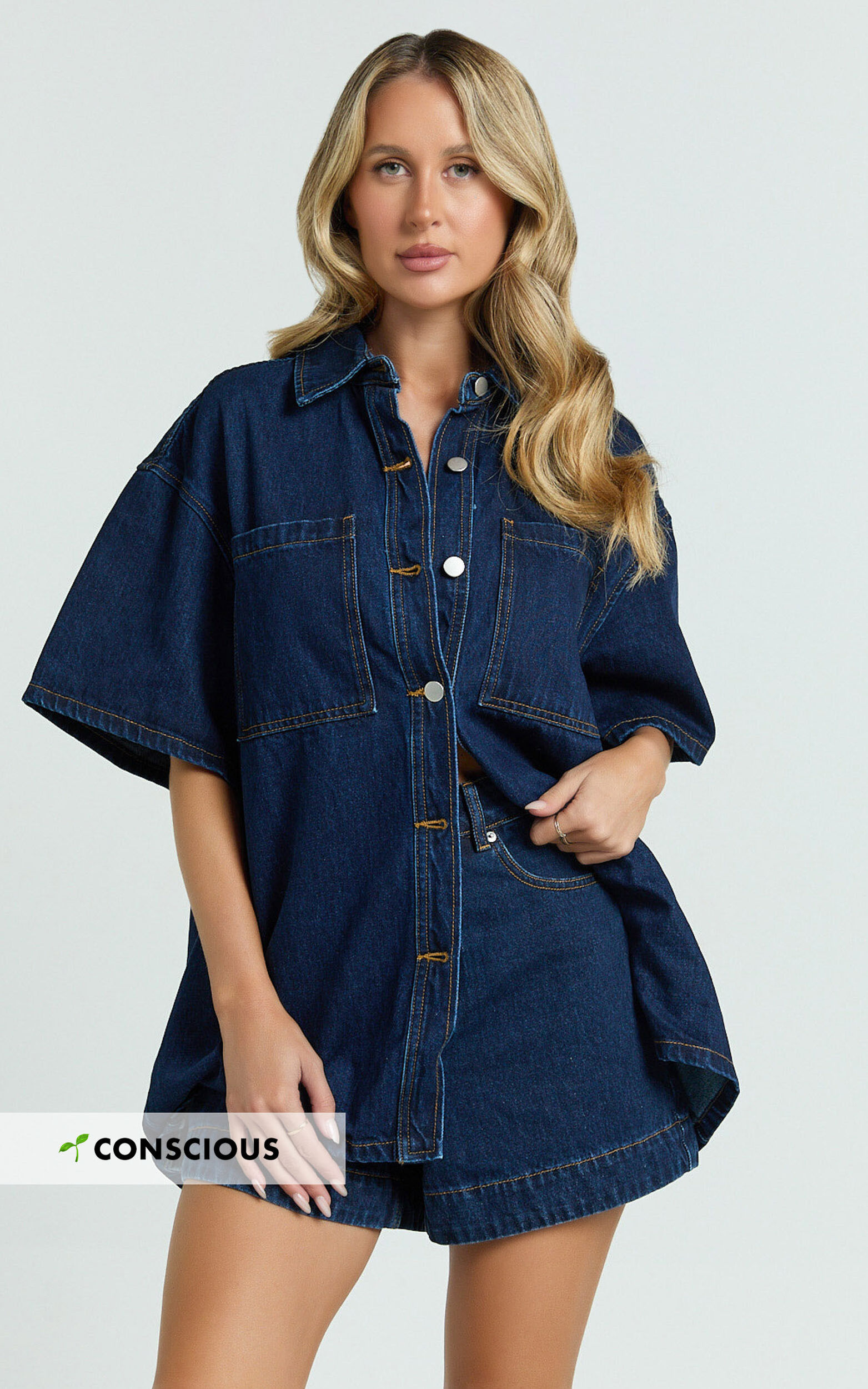 Rhianna Top - Oversized Recycled Denim Hardware Detail Short Sleeve Shirt in Indigo Wash