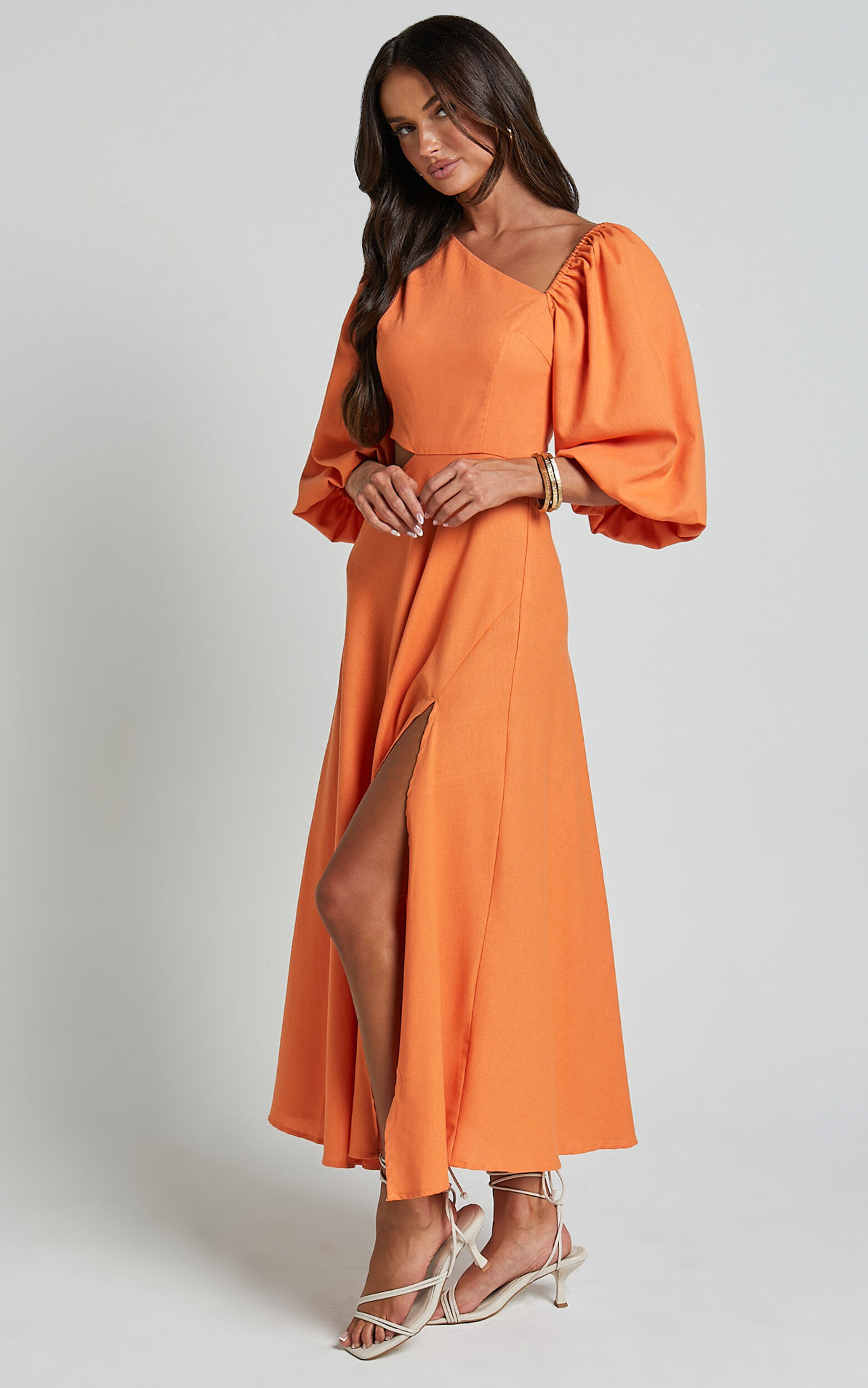 Rhyne Midi Dress - Asymmetric Puff Sleeve Side Cut Out A Line Dress in Papaya