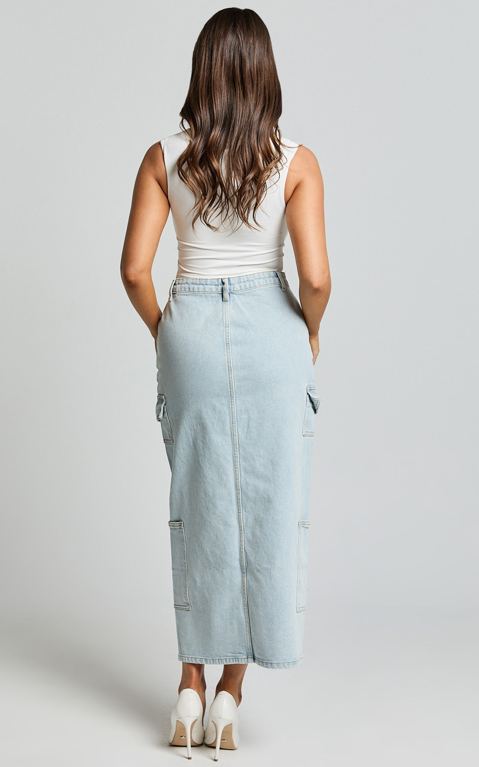 Sylvia Midi Skirt - Utility Pockets Denim Skirt in Light Blue Wash