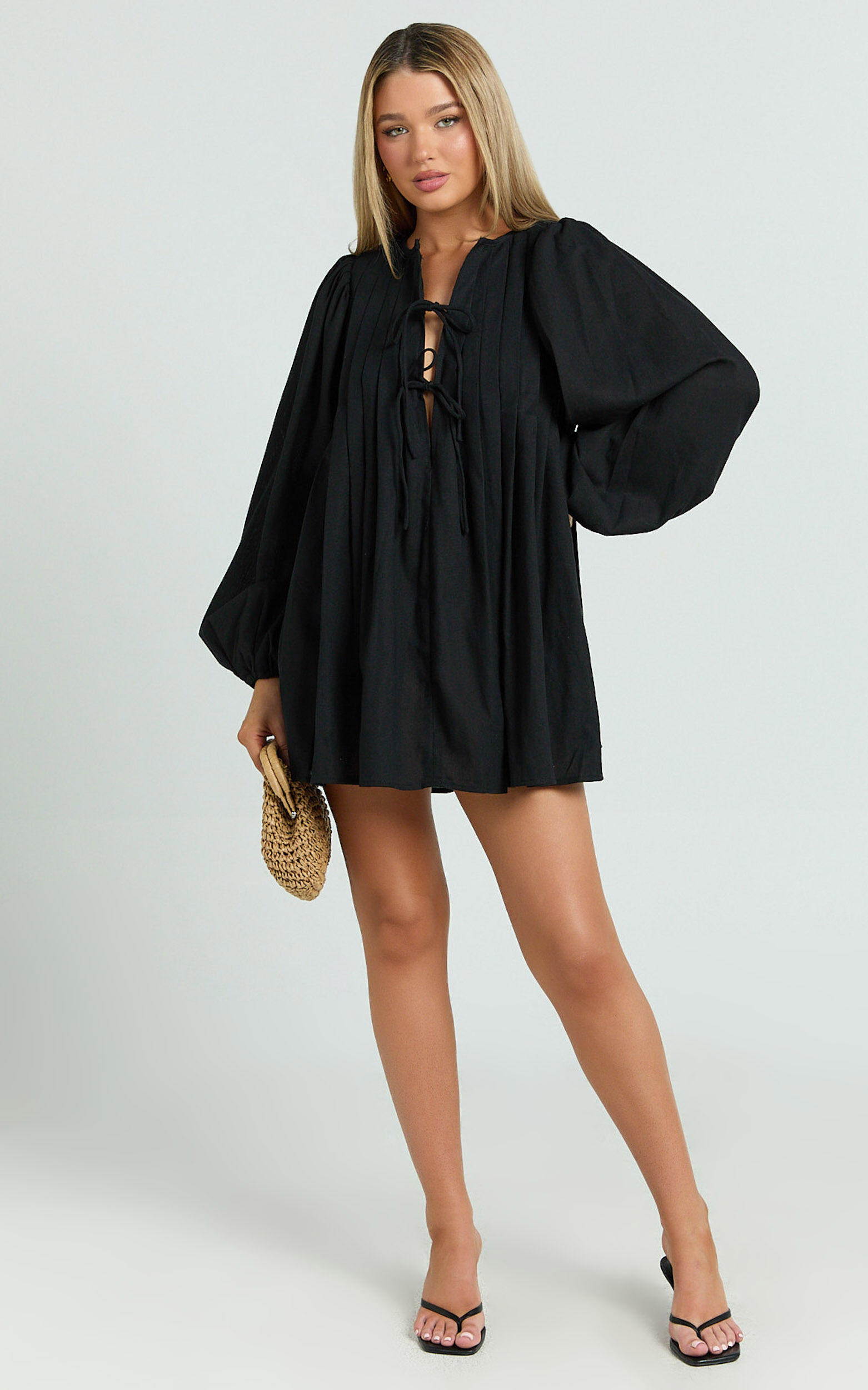 Suzette Mini Dress - High Neck Tie Front Long Sleeve Pleat Front Babydoll Dress in Black