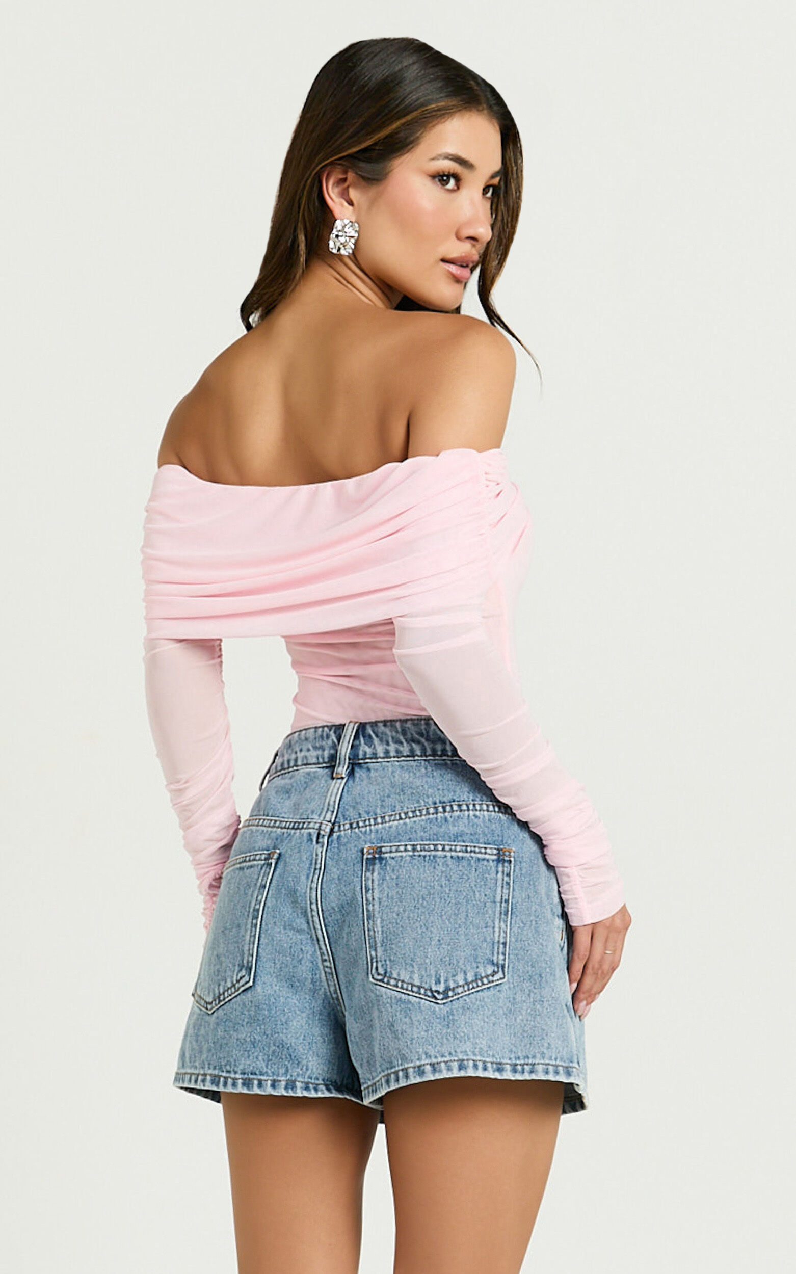 Seraphina Bodysuit - Off Shoulder Long Sleeve Detachable Rosette Mesh Bodysuit in Baby Pink