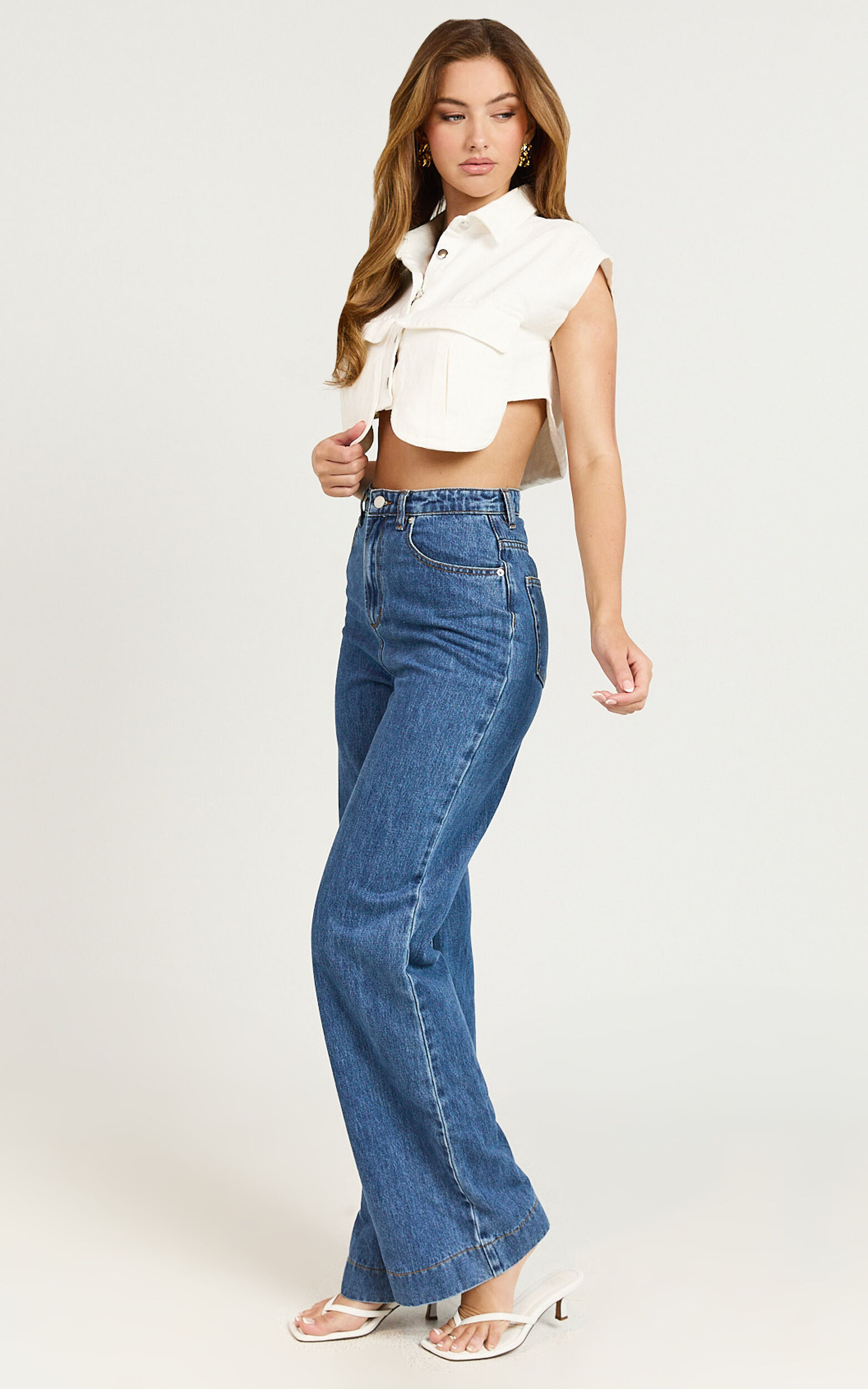 Timmy Top - Denim Cropped Short Sleeve Top in White