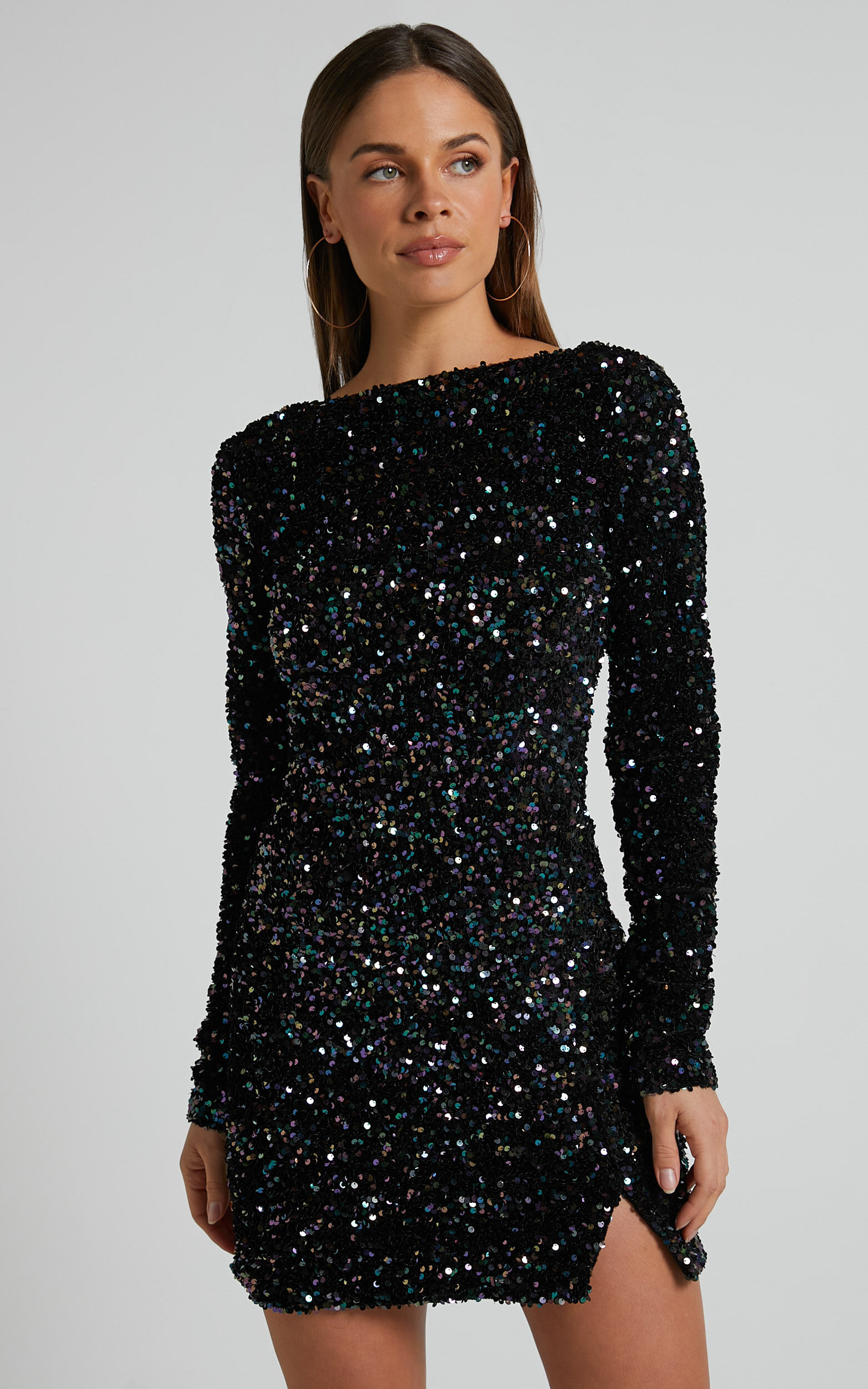Tracy Mini Dress - Sequin Long Sleeve Backless Dress in Black