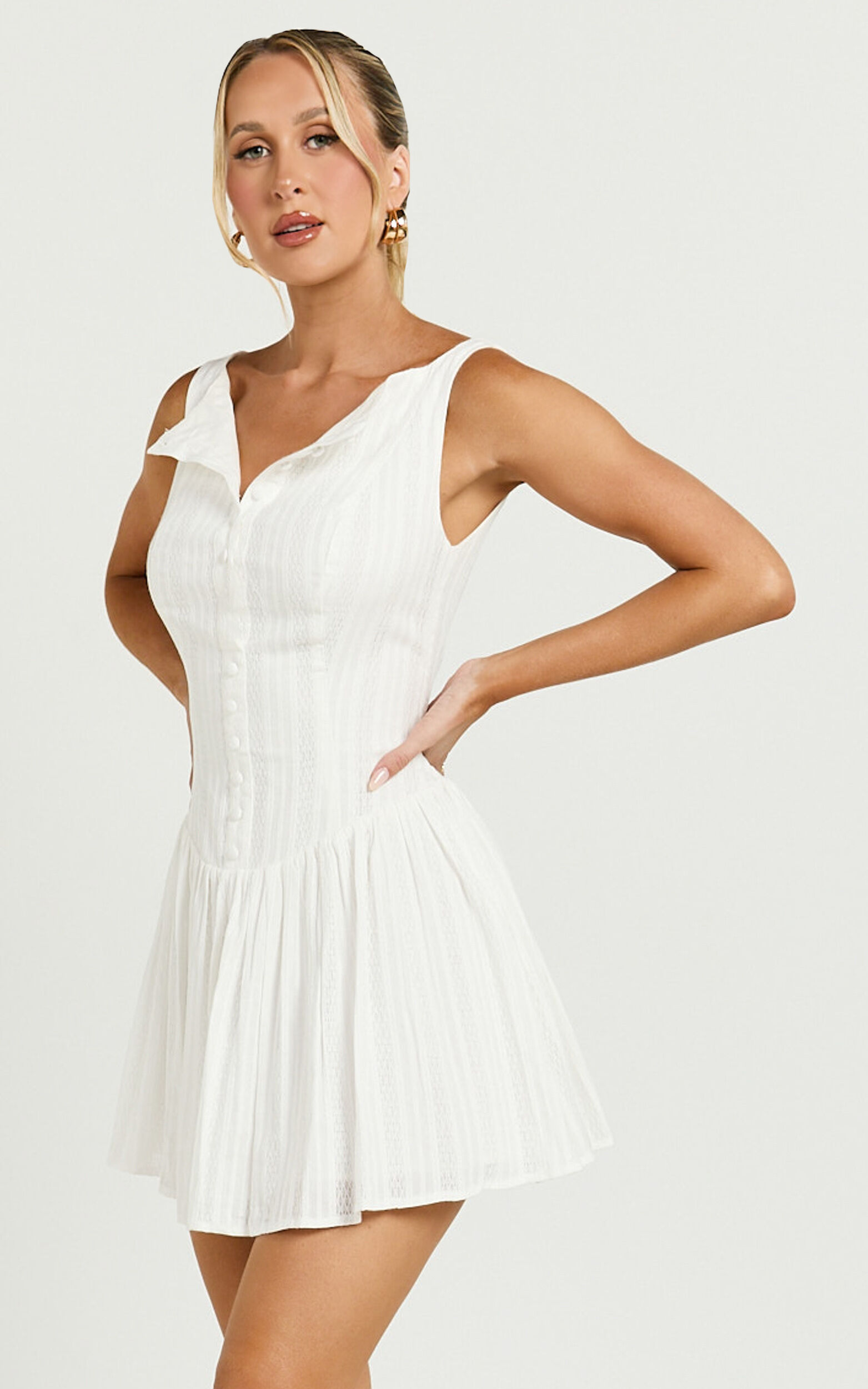 Zhai Mini Dress - High Neck Button Through Dress in Ivory