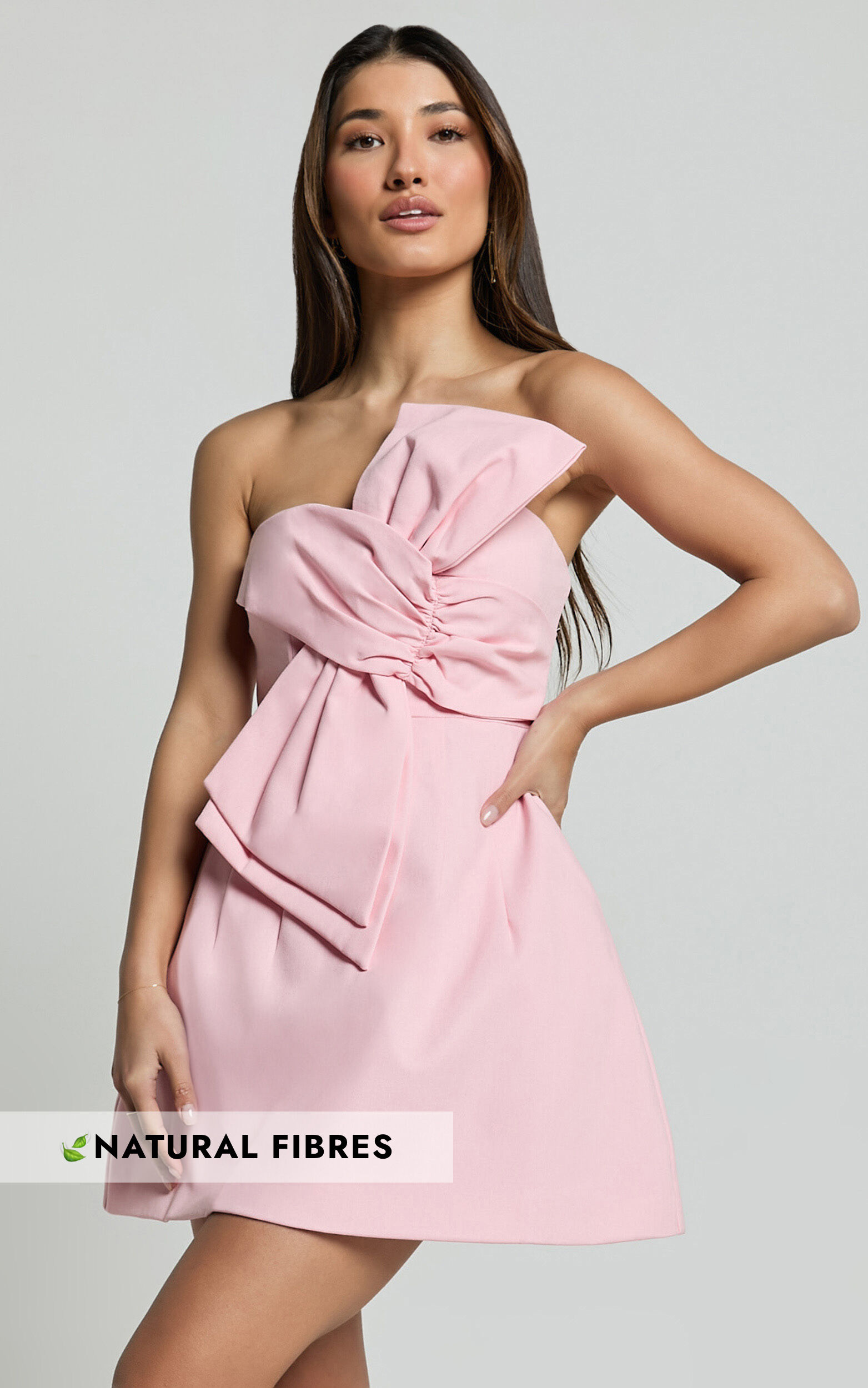Chika Mini Dress - Linen Strapless Front Bow Dress in Soft Pink