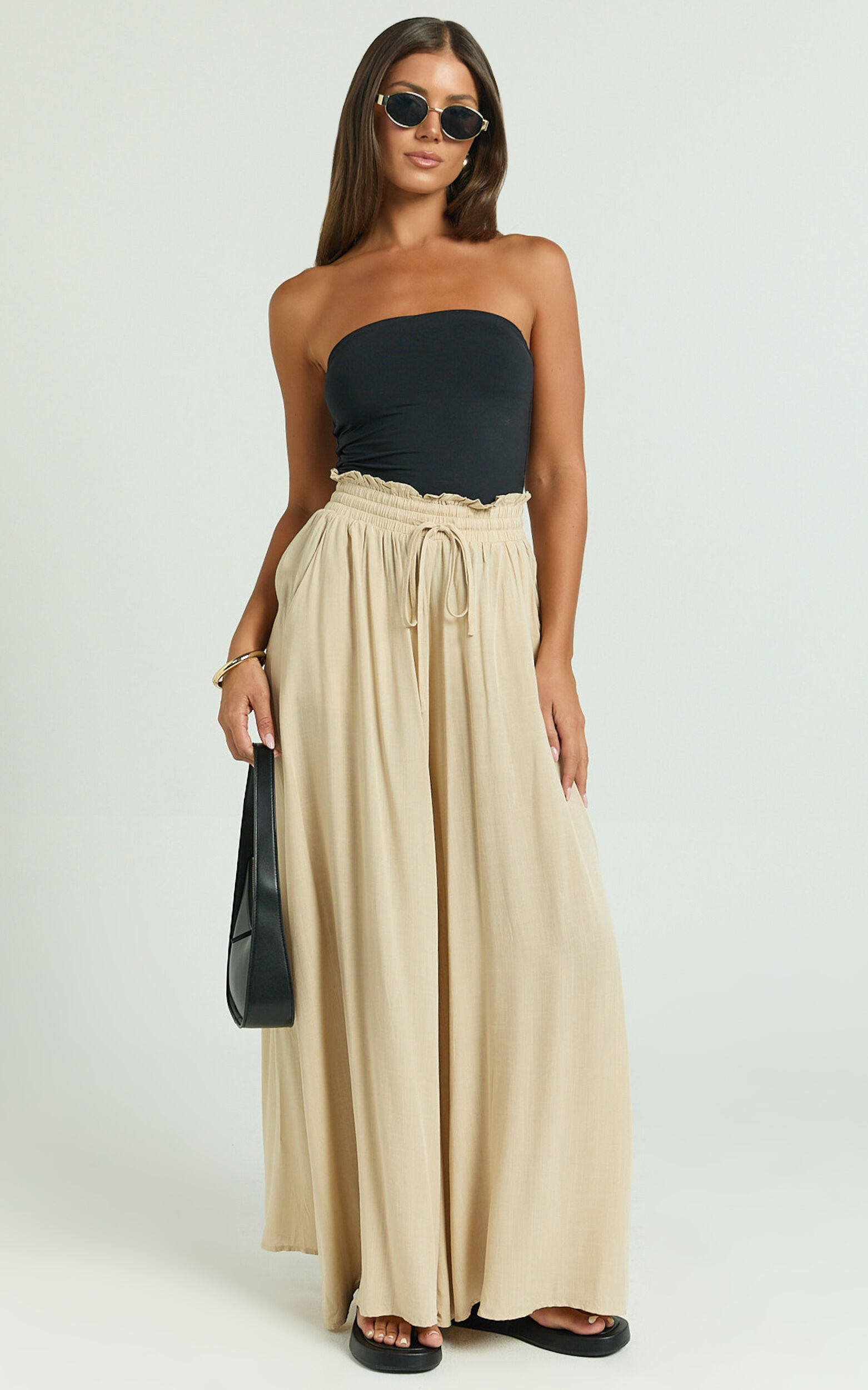 Hany Pants - High Waist Drawstring Wide Leg Pants in Stone