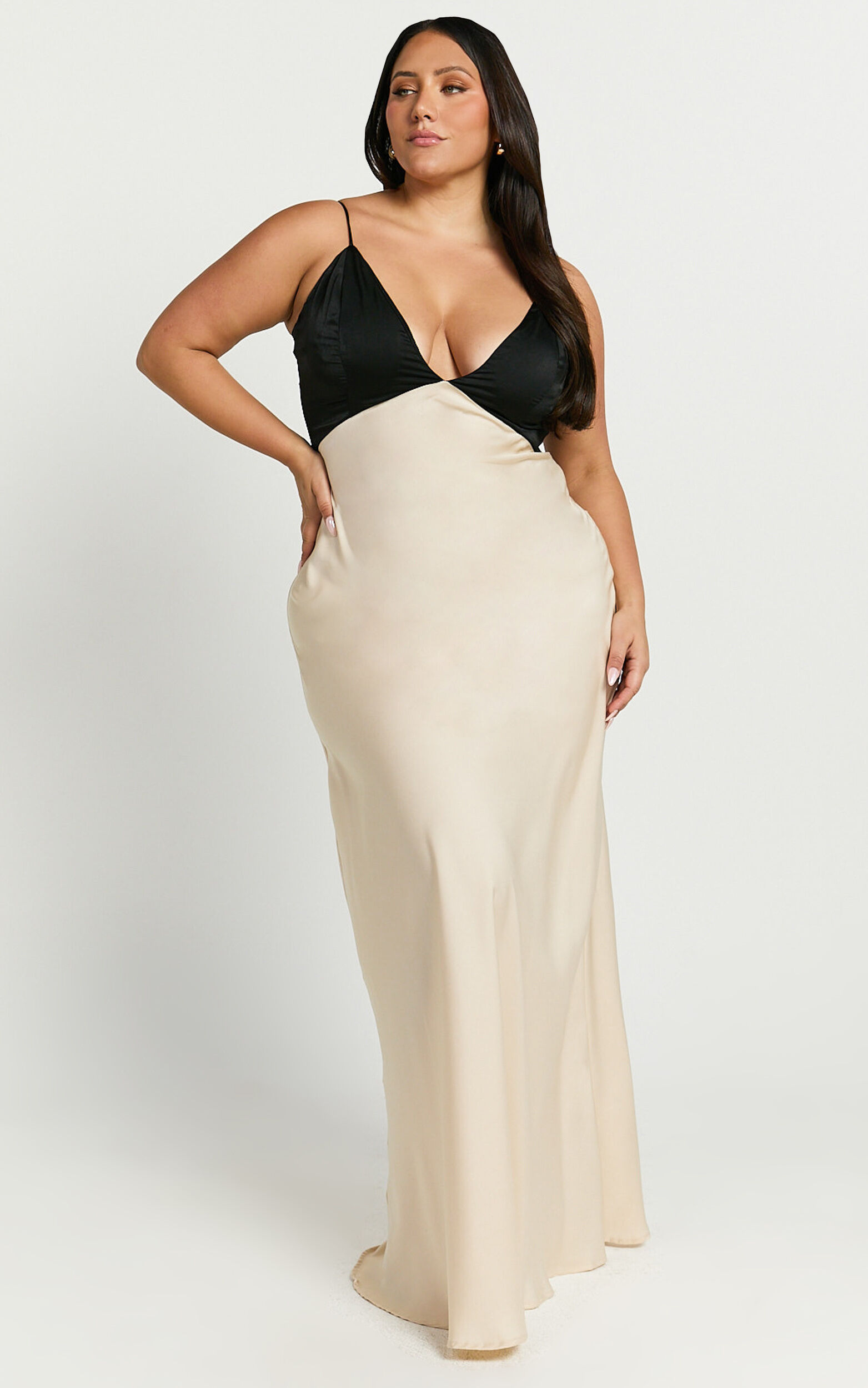 Quincy Maxi Dress - Satin Slip Dress in Black/Champagne