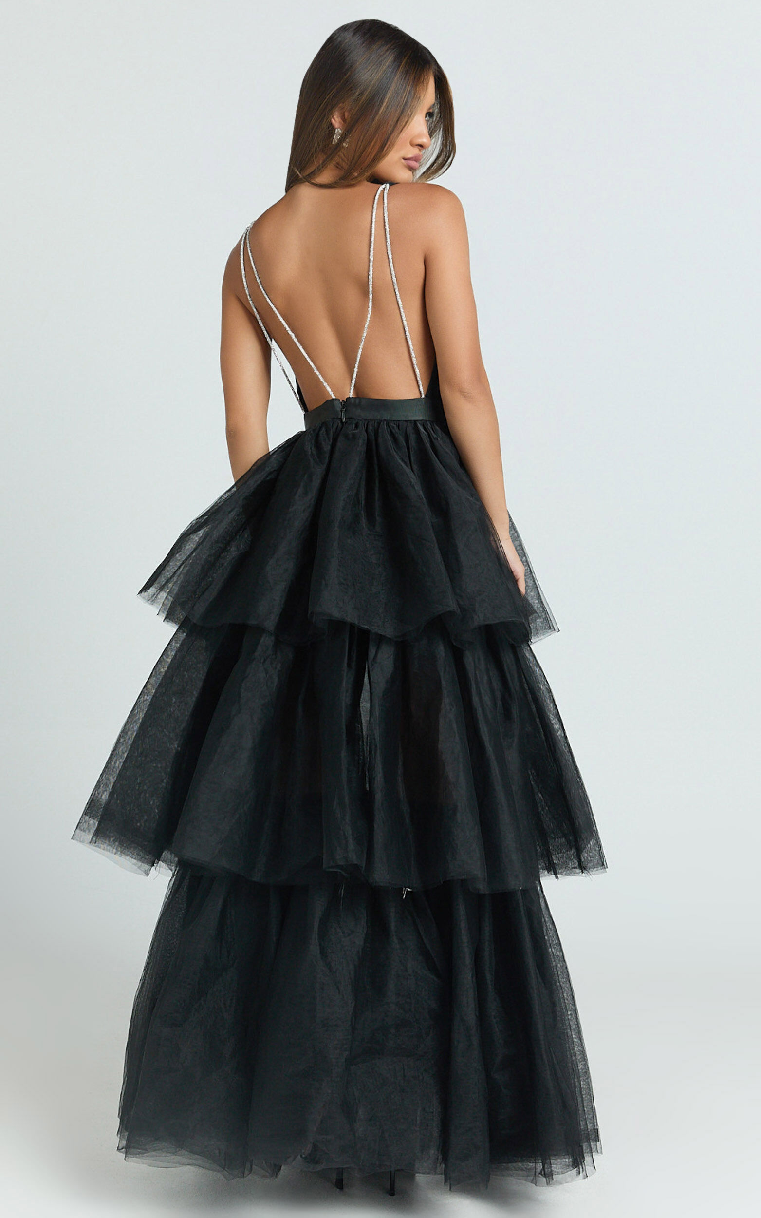 Jemma Maxi Dress - Tiered Tulle Plunge Cross Back Dress in Black