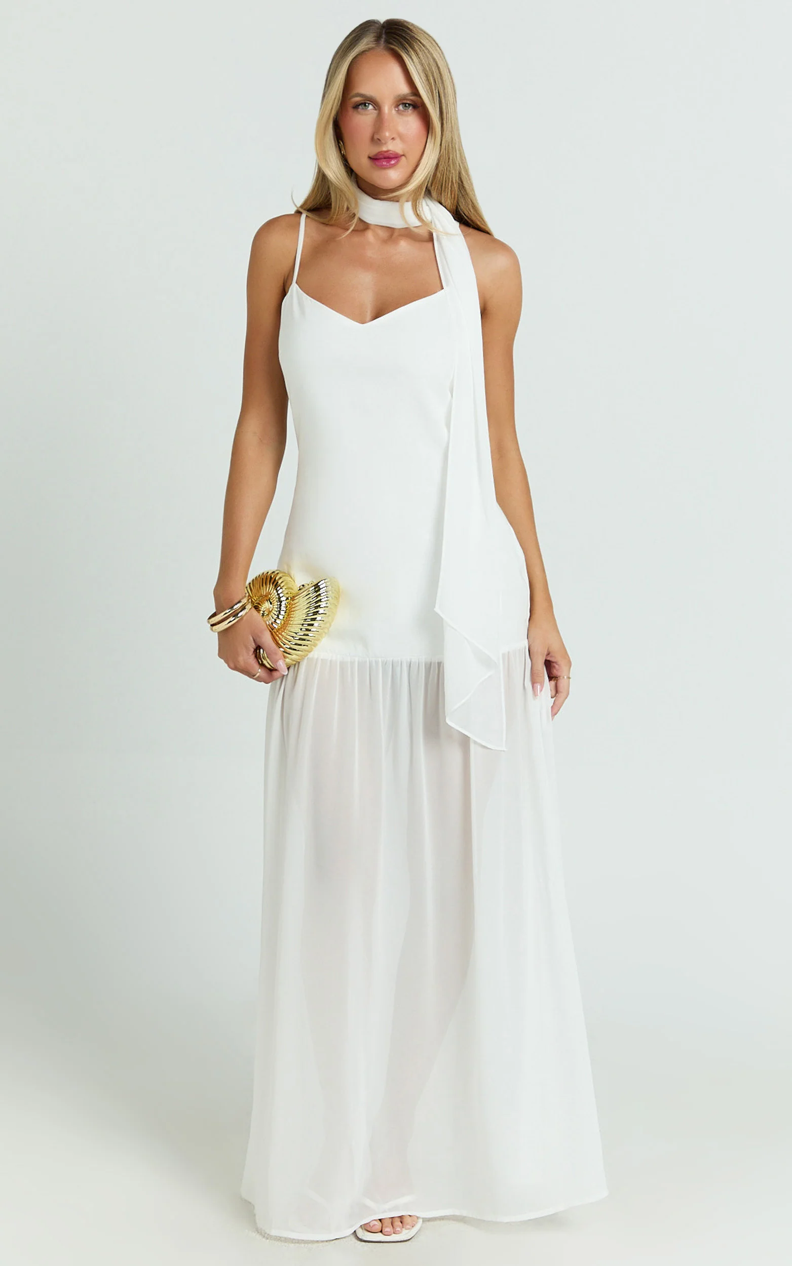 Calvin Maxi Dress - Linen Look Contrast Georgette Skirt with Neck Scarf in White