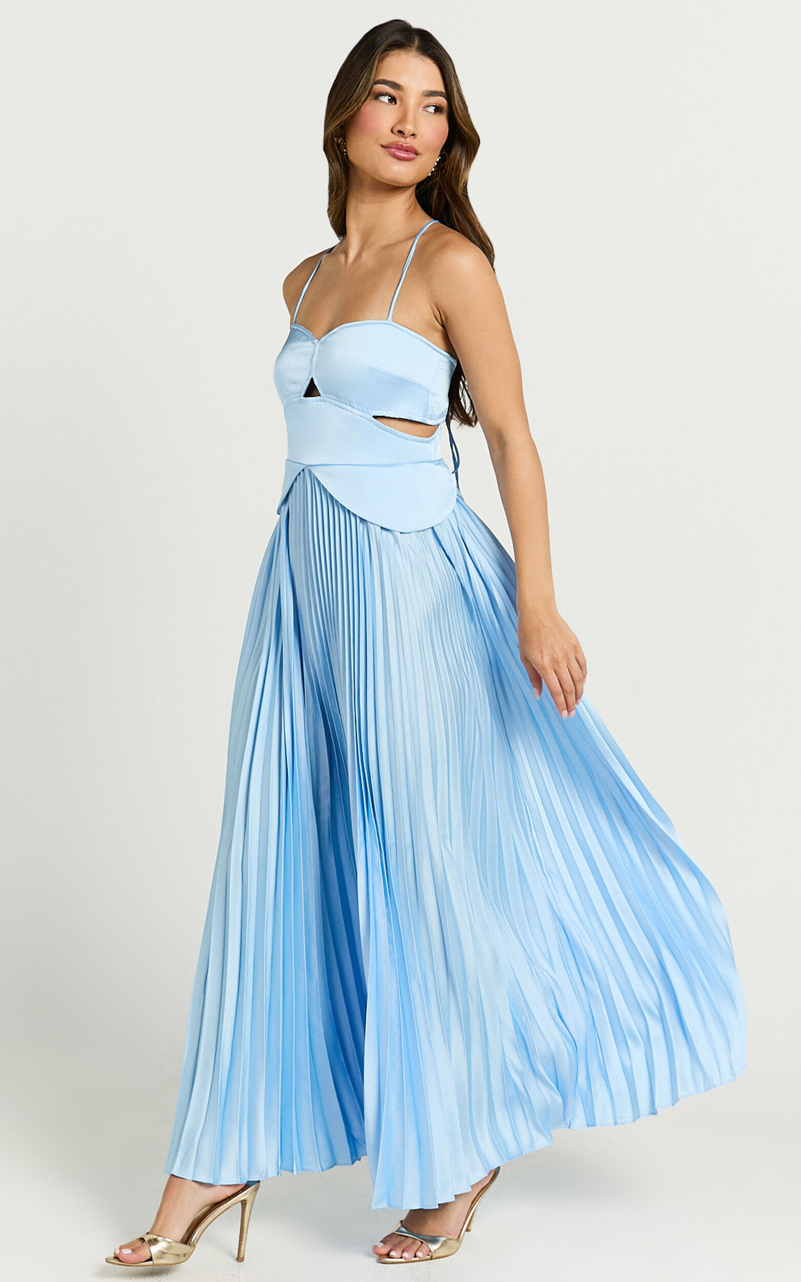 Shay Maxi Dress - Sweetheart Cut Out Pleated Dress in Blue