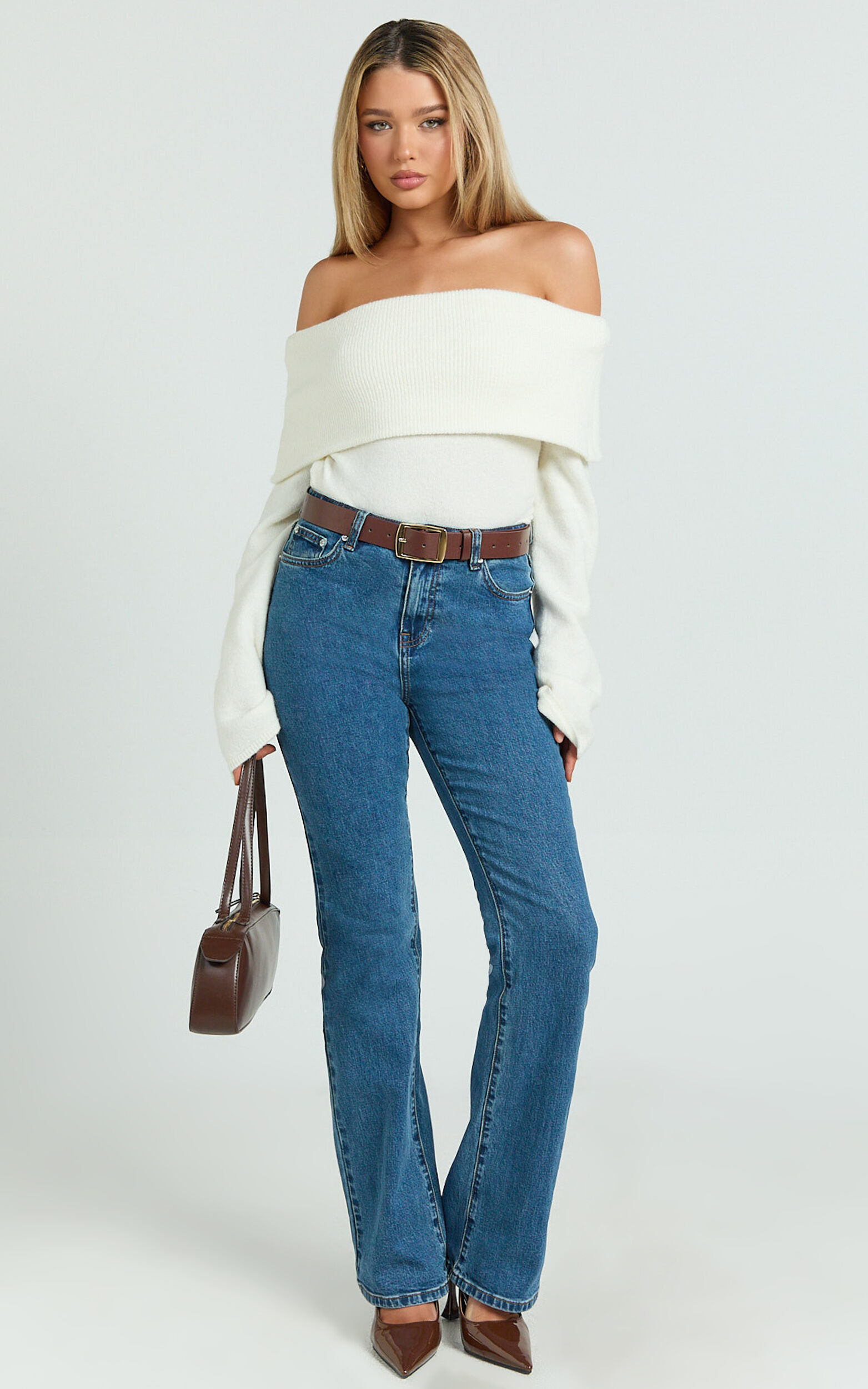 Inez Jeans - Mid Rise Slim Straight Bootcut Jeans in Dark Blue Wash