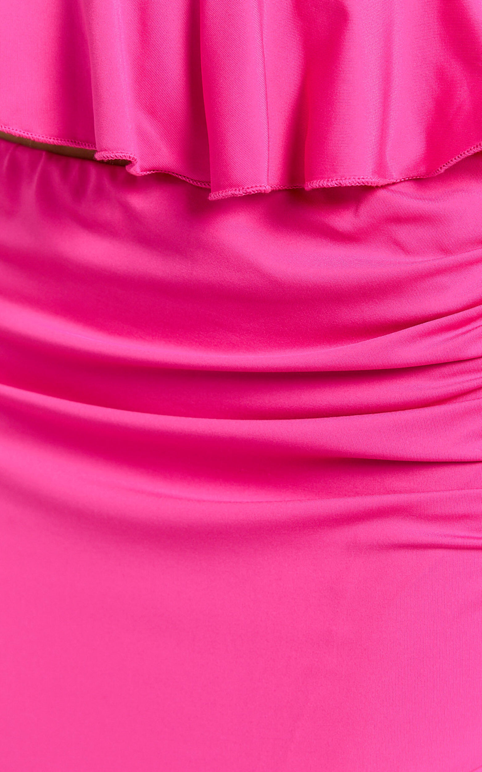 Tess Two Piece Set - Jersey Asymmetric Ruffle Strapless Top And Midi Skirt in Fuchsia Pink