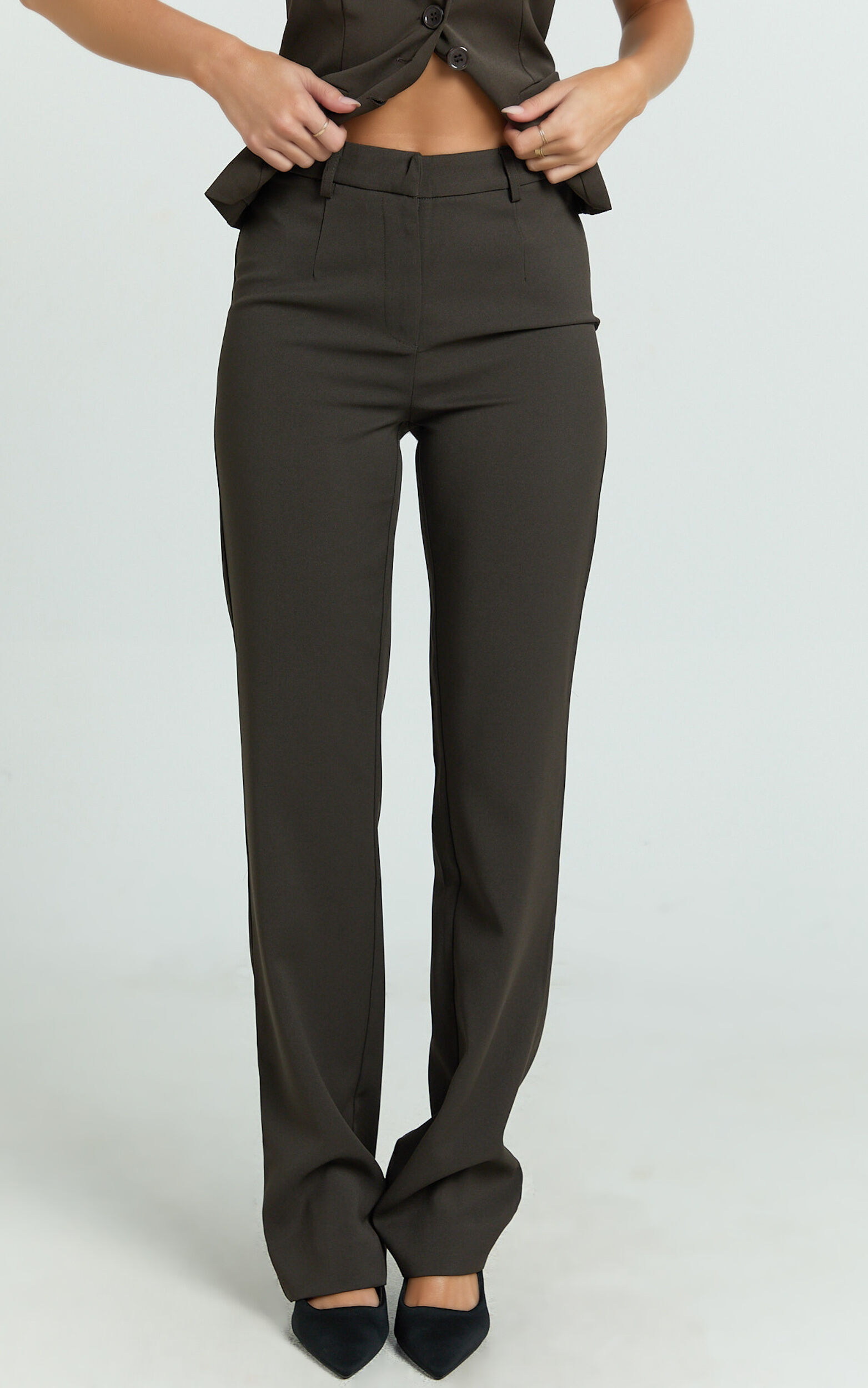 Lorena Pants - Low Rise Slim Straight Leg Pants in Dark Brown