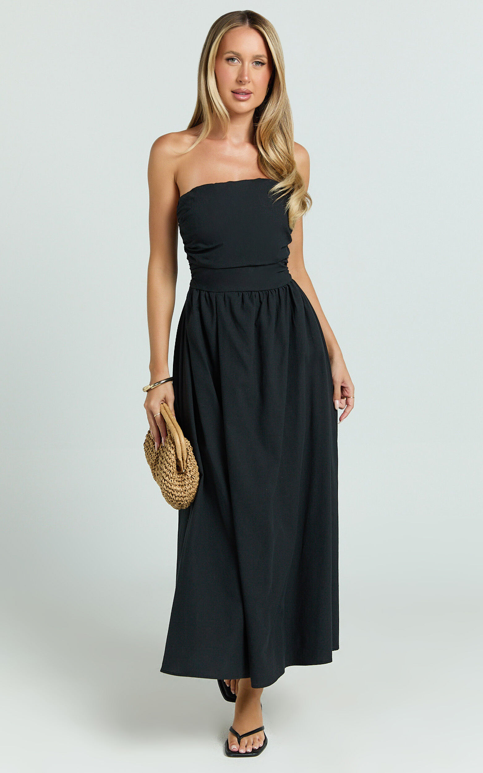 Polly Midi Dress - Strapless Ruched Dress in Black