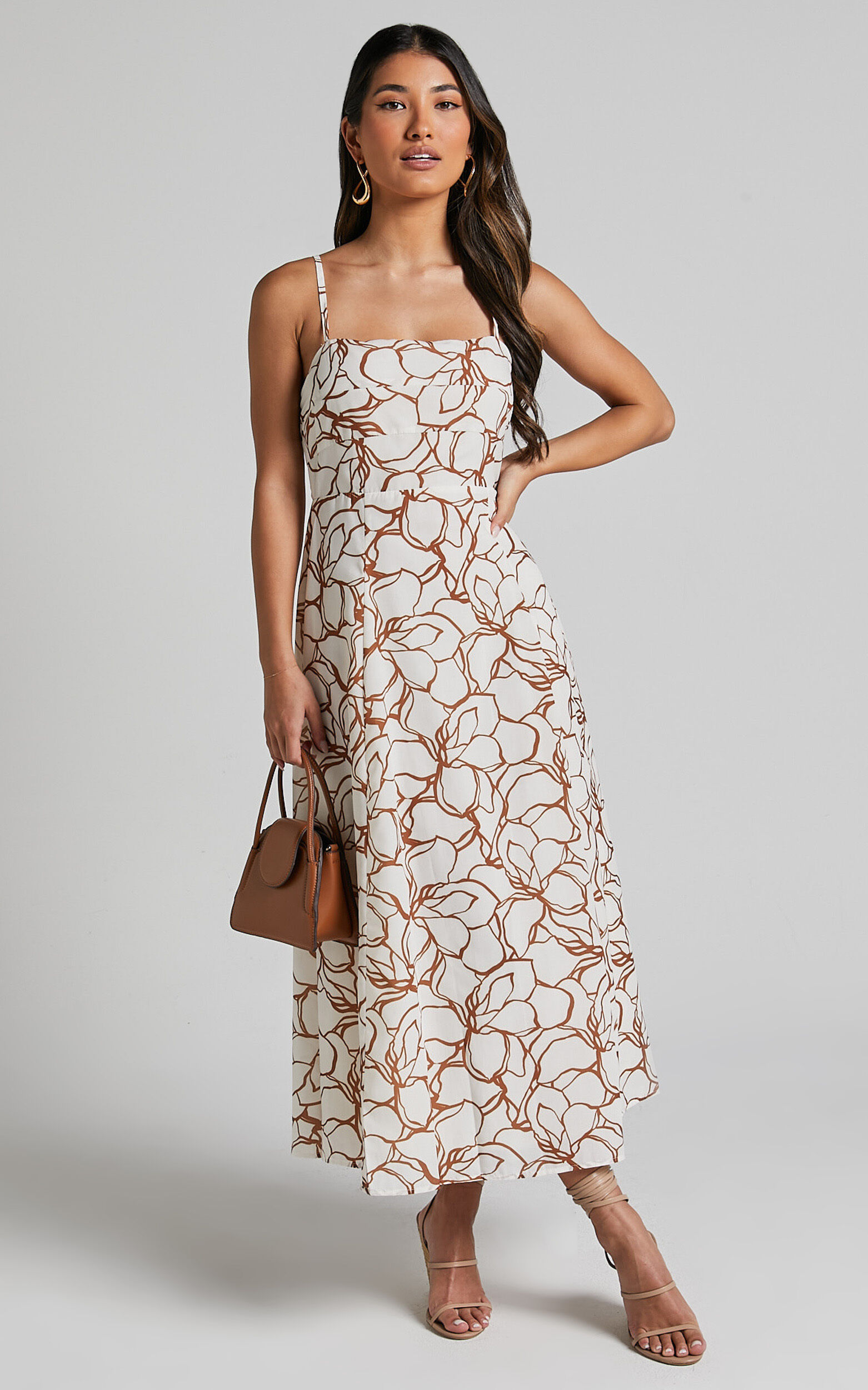 Nylia Midi Dress - Strappy Fit and Flare Dress in White Floral