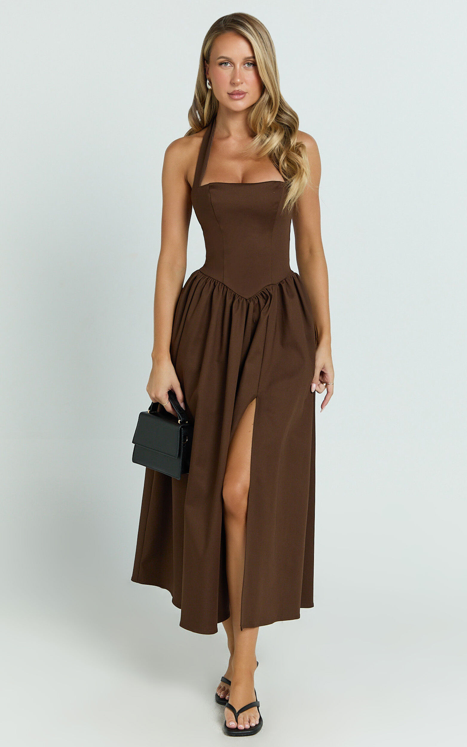 Helda Midi Dress - Halter Tie Neck Corset Panel Dress in Chocolate
