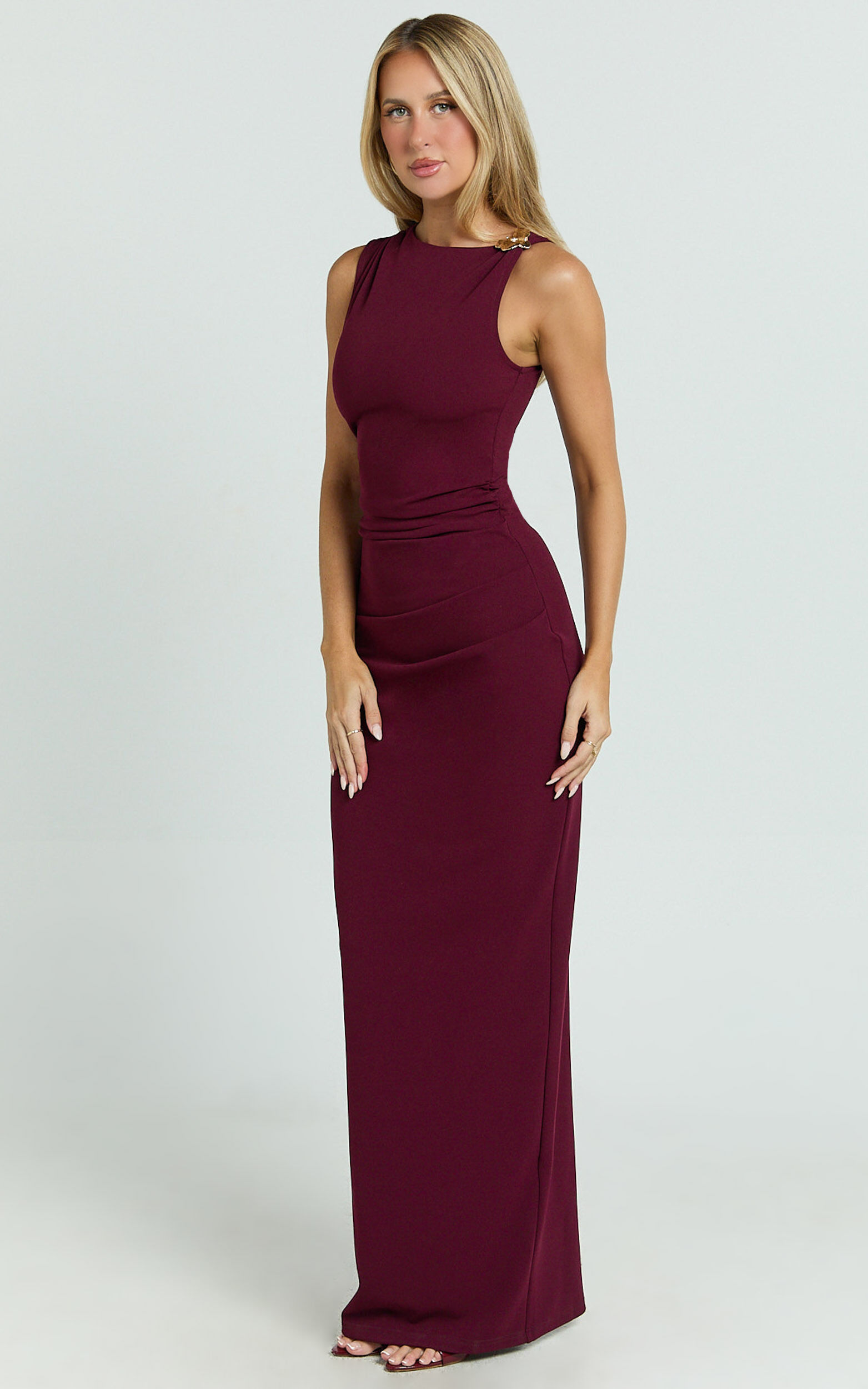 Marga Maxi Dress - High Neck Shoulder Detailing Dress in Wine