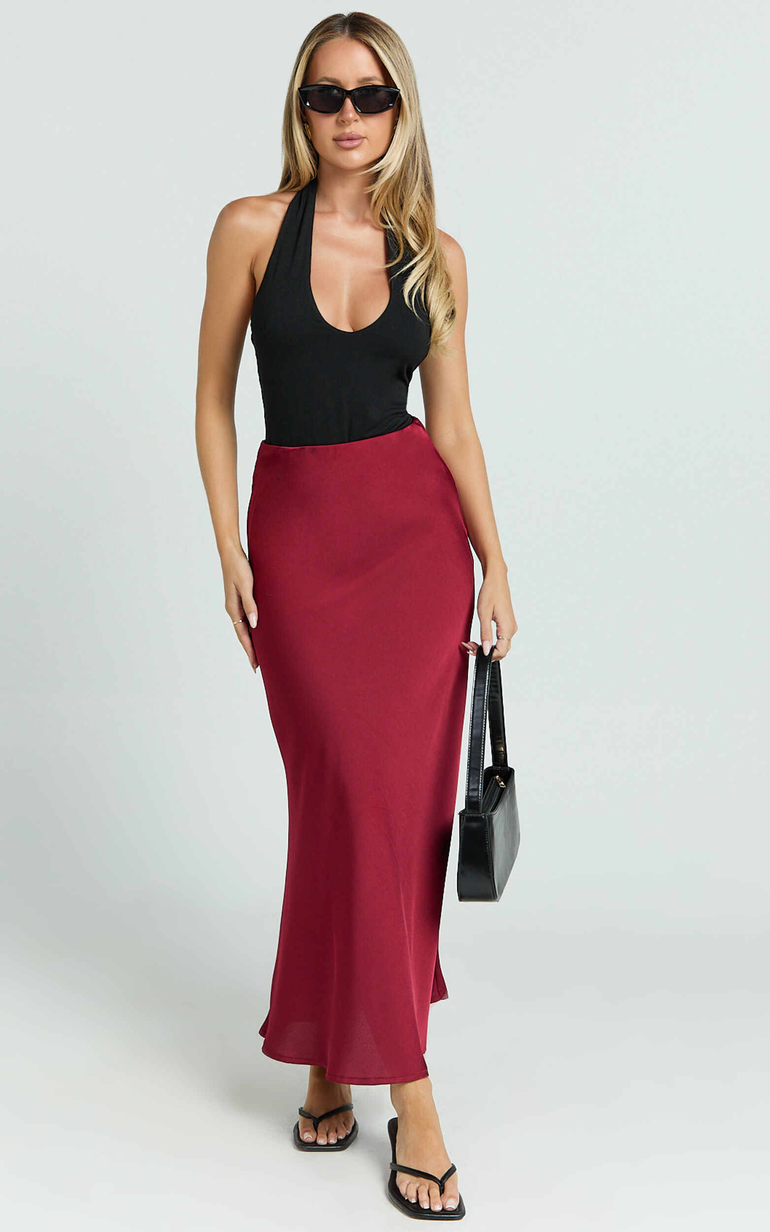 Amari Maxi Skirt - High Waisted Bias Cut Skirt in Wine