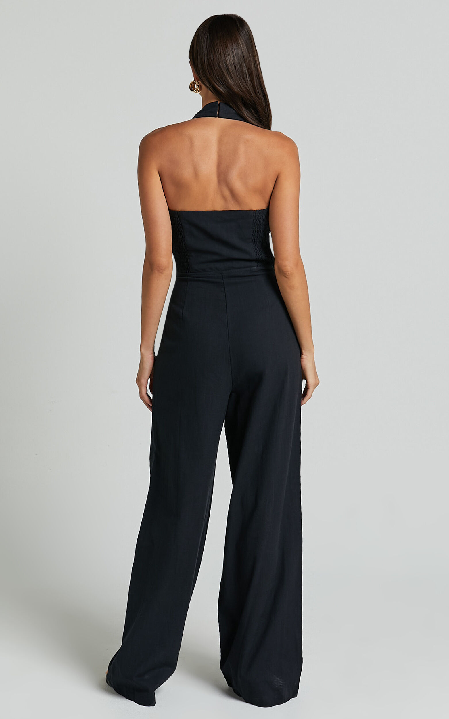 Linette Jumpsuit - Halter Neck Button Through Vest Tailored Wide Leg Jumpsuit in Black