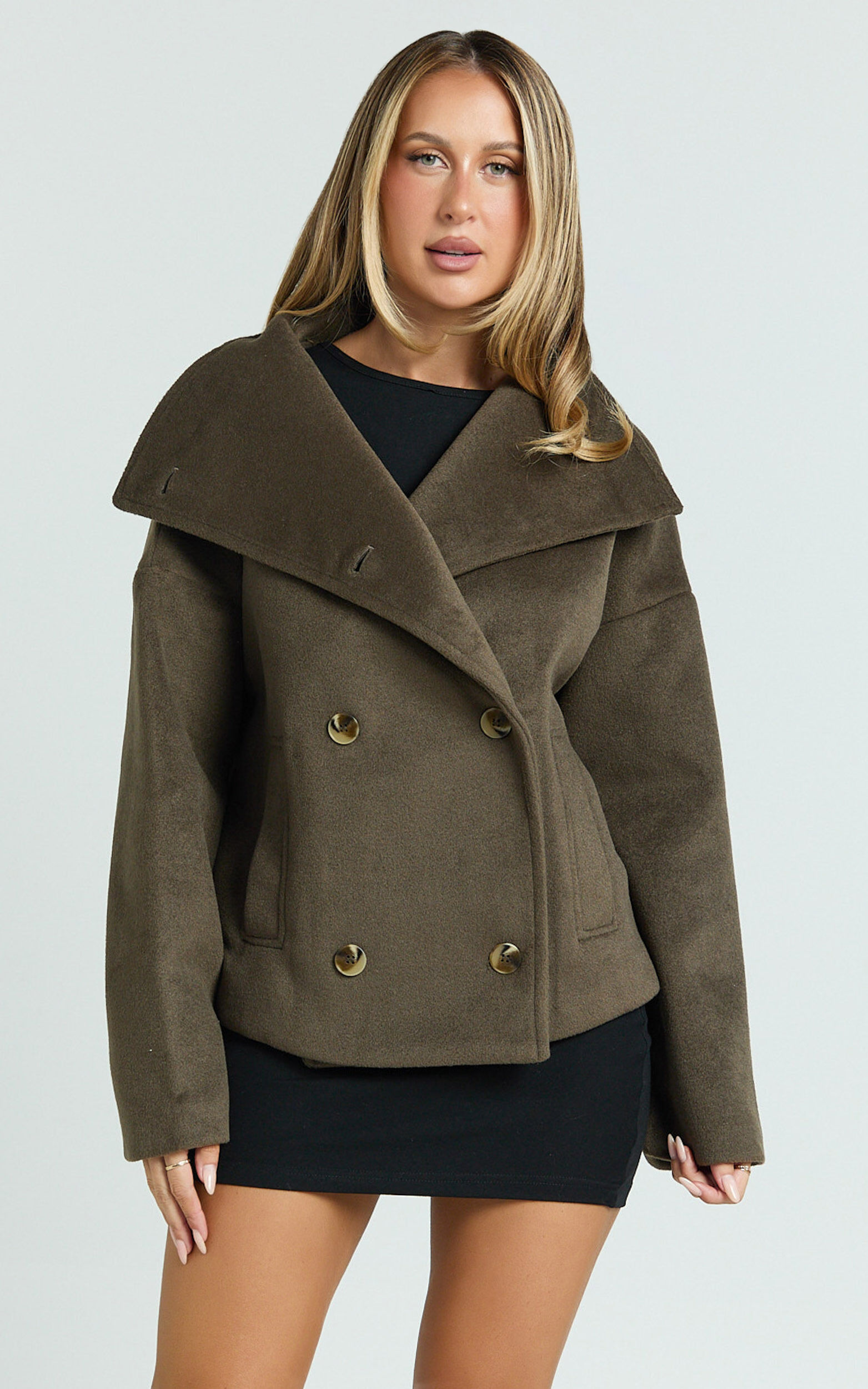 Yasmine Coat - Double Breasted High Neck Short Wool Like Coat in Mink