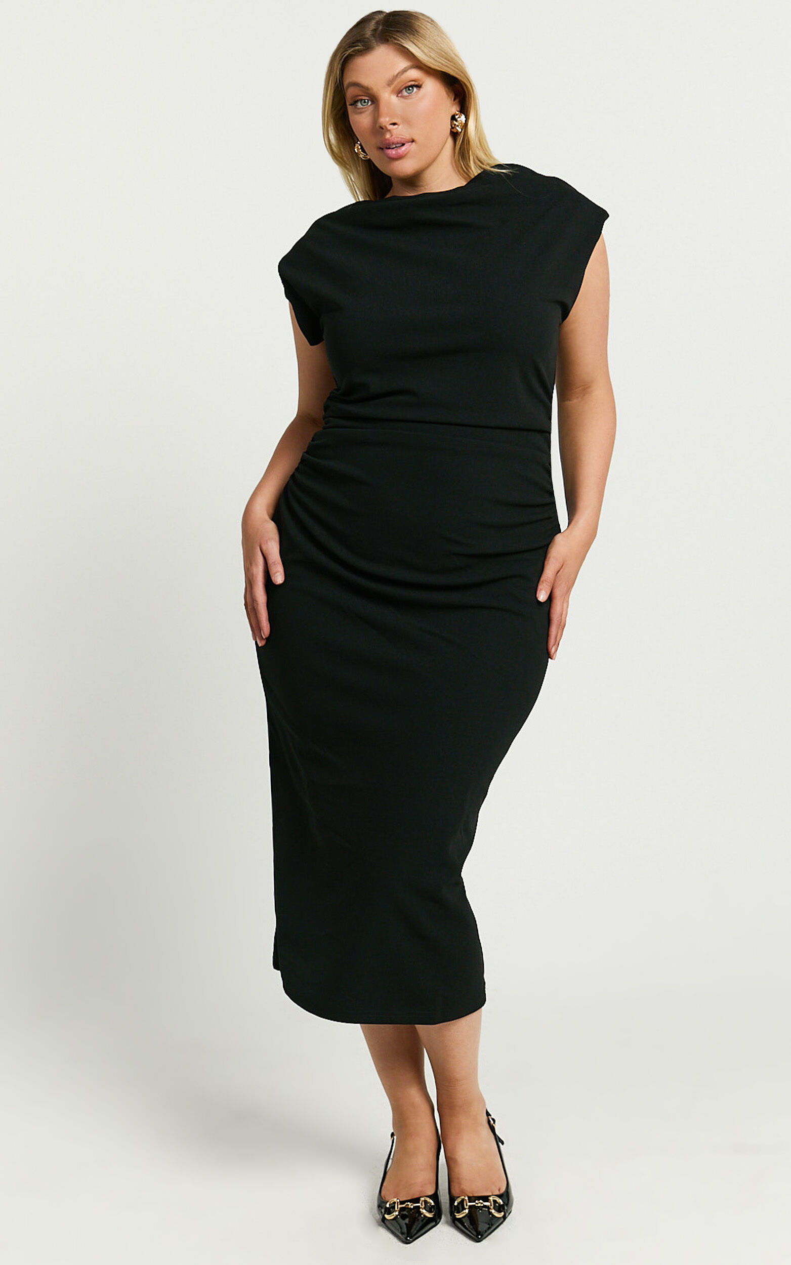 Carmilette Midi Dress - Cowl Neck Ruched Jersey Dress in Black