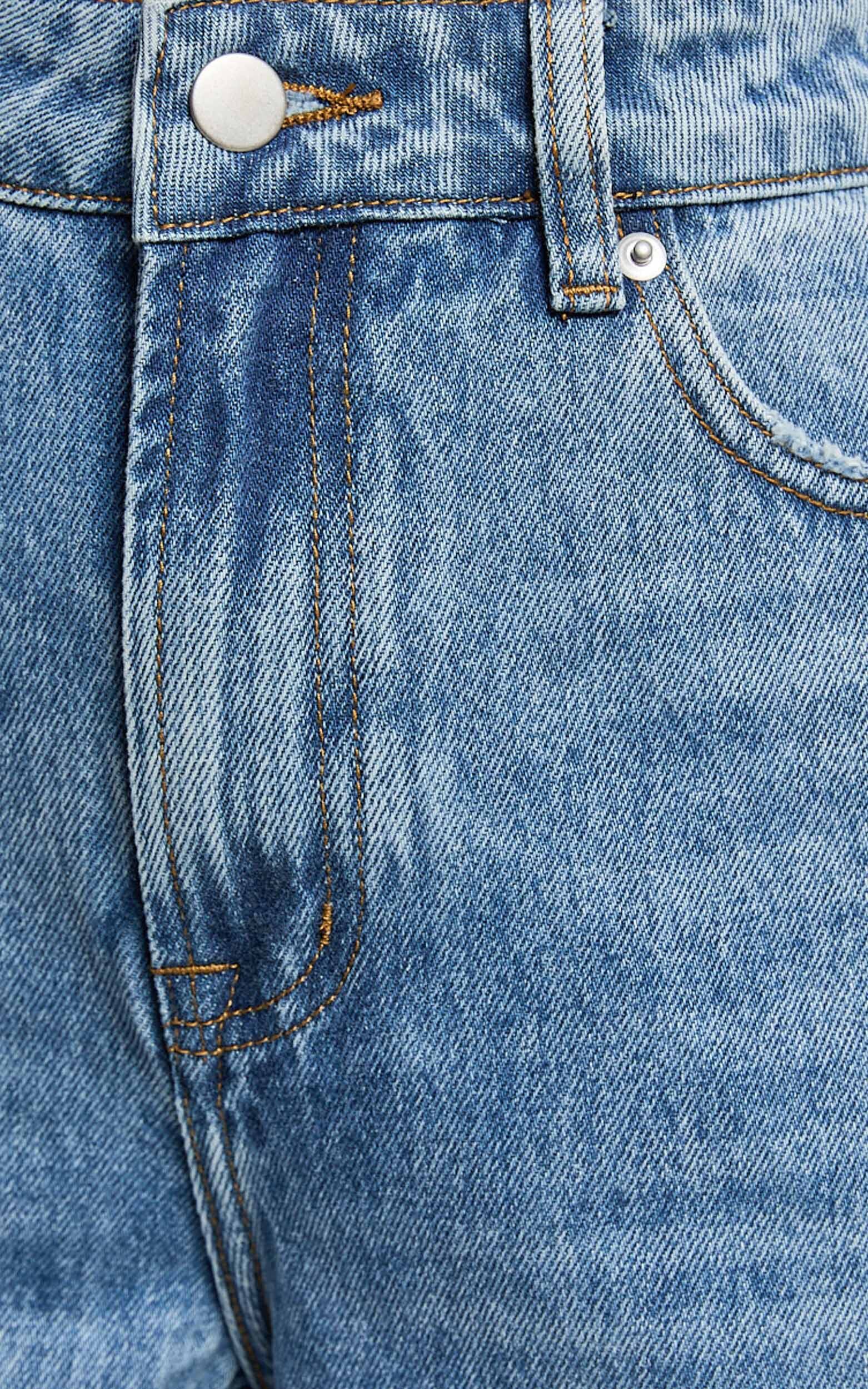 Imelda Jeans - Mid Waist Frayed Hem Recycled Denim Crop Straight Leg Jeans in Mid Blue Wash