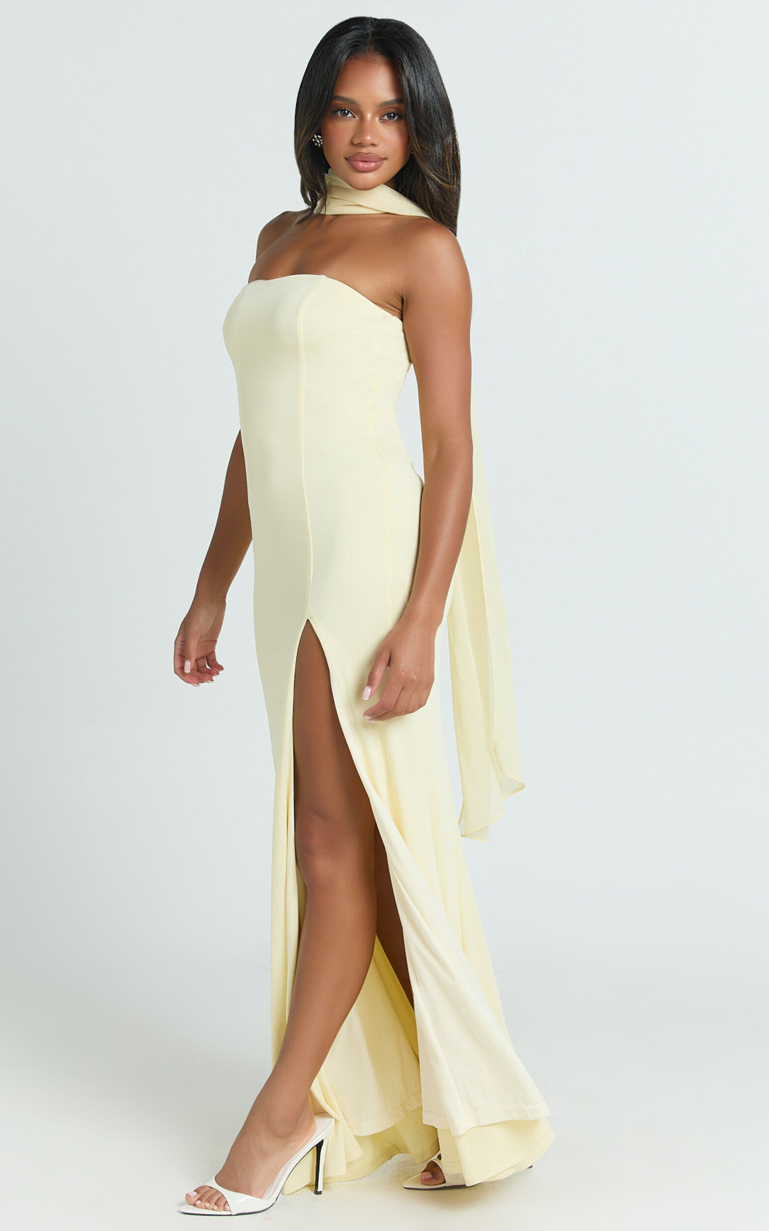 Dorothea Maxi Dress - Georgette Scarf Fit and Flare Dress in Lemon