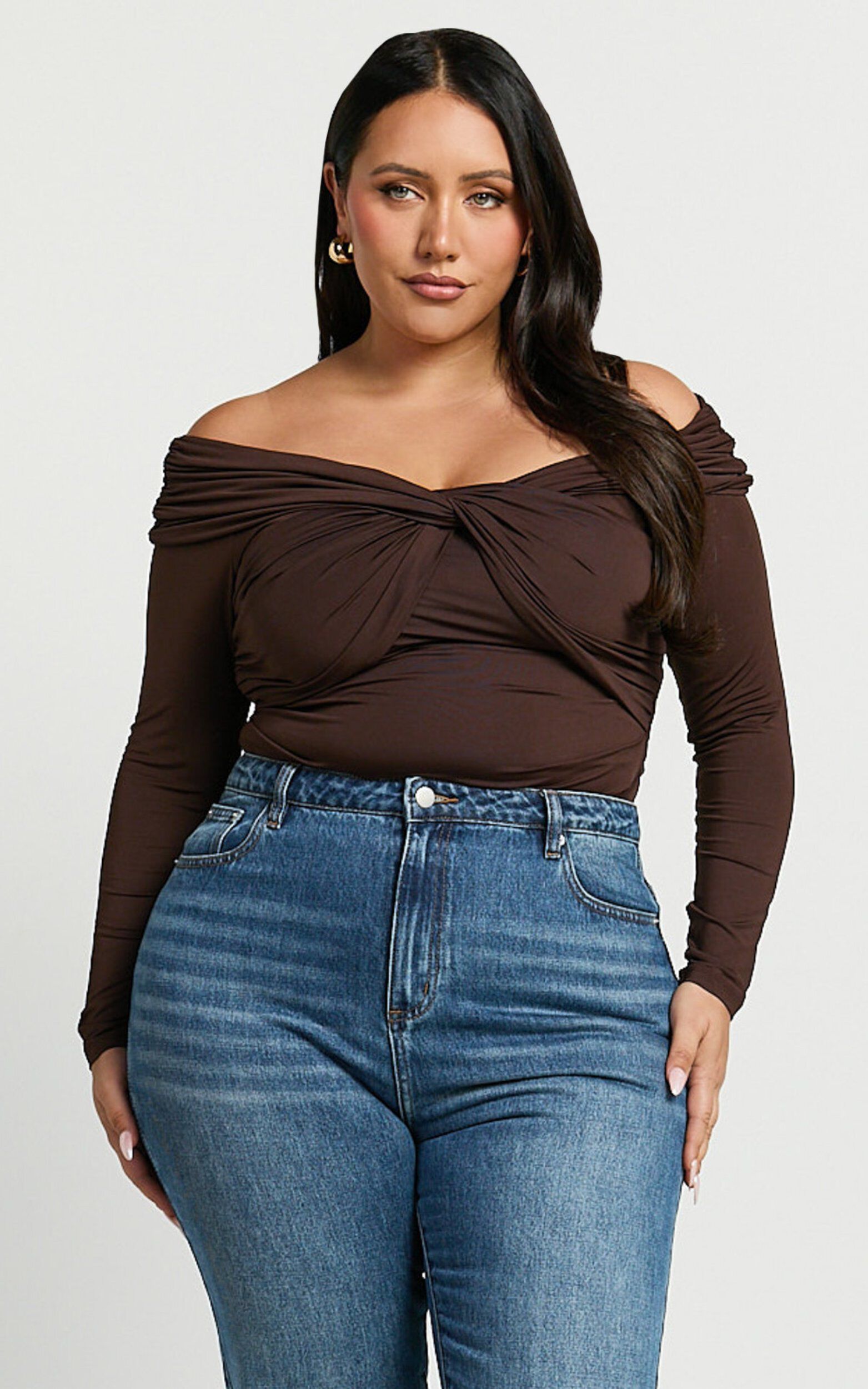 Shamaira Bodysuit - Twist Front Off Shoulder Long Sleeve in Brown