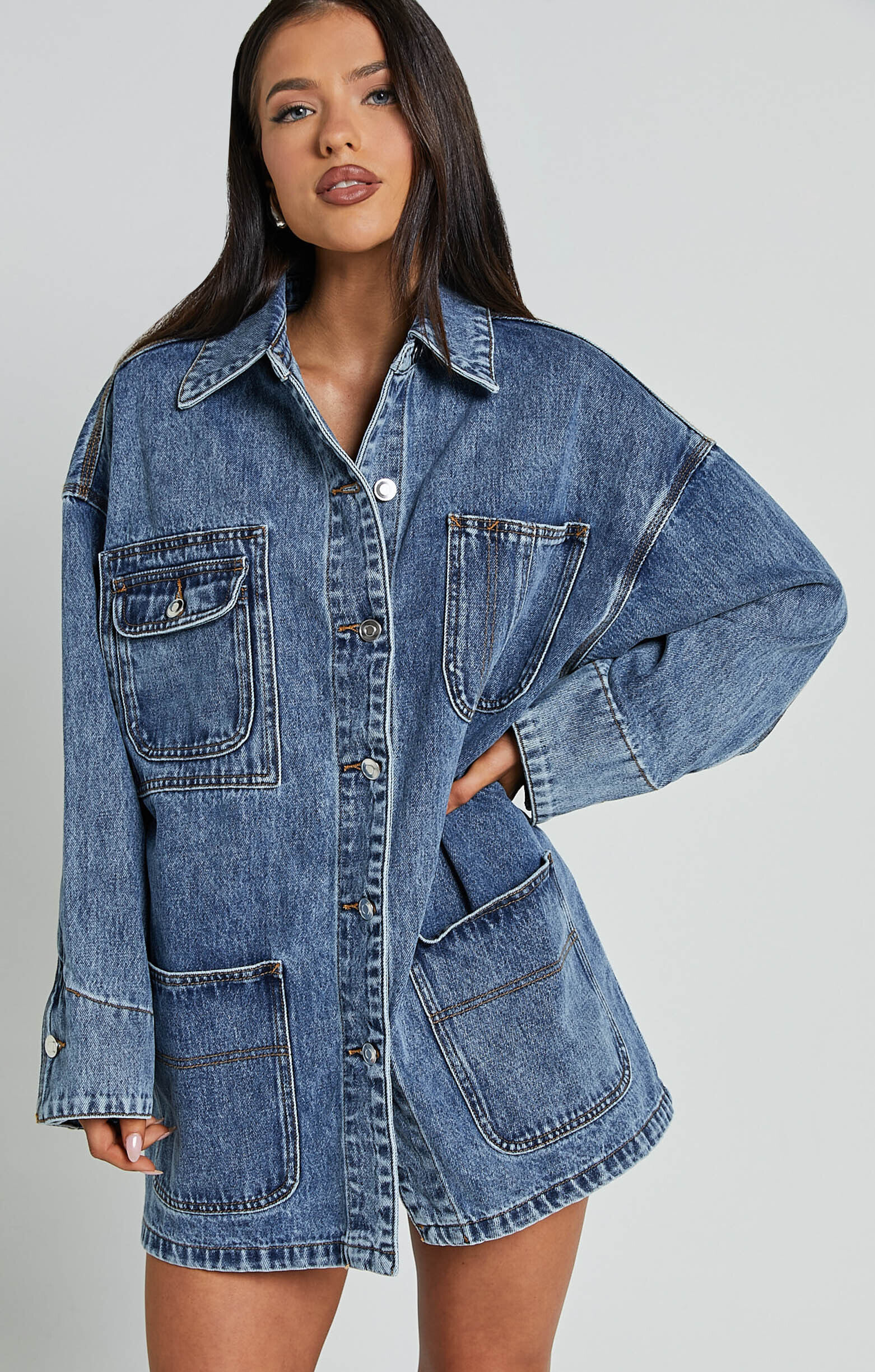 Harlow Jacket - Oversized Long Sleeve Denim Jacket in Mid Blue Wash