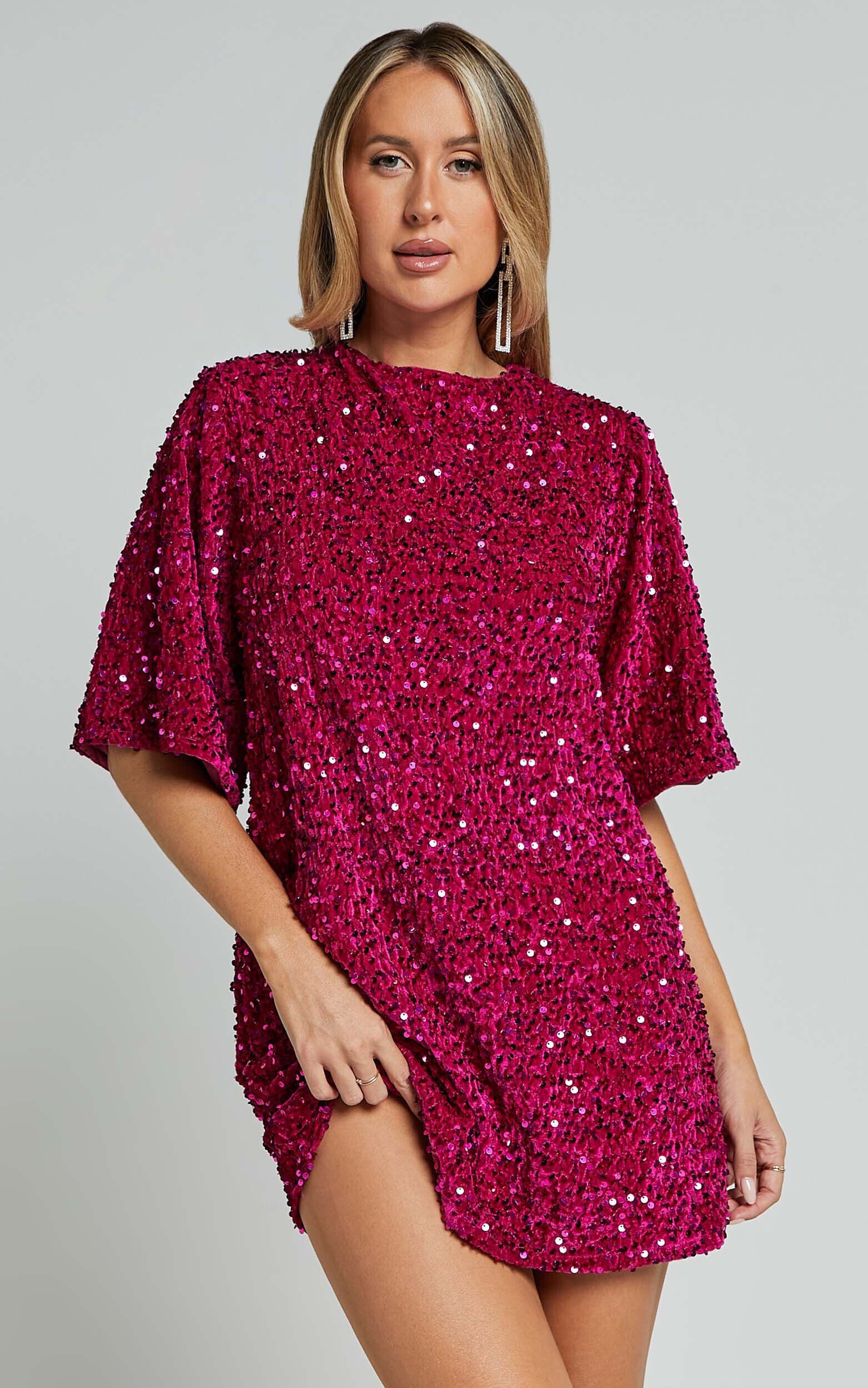 Valetta Mini Dress - Sequin low back shift dress in Hot Pink