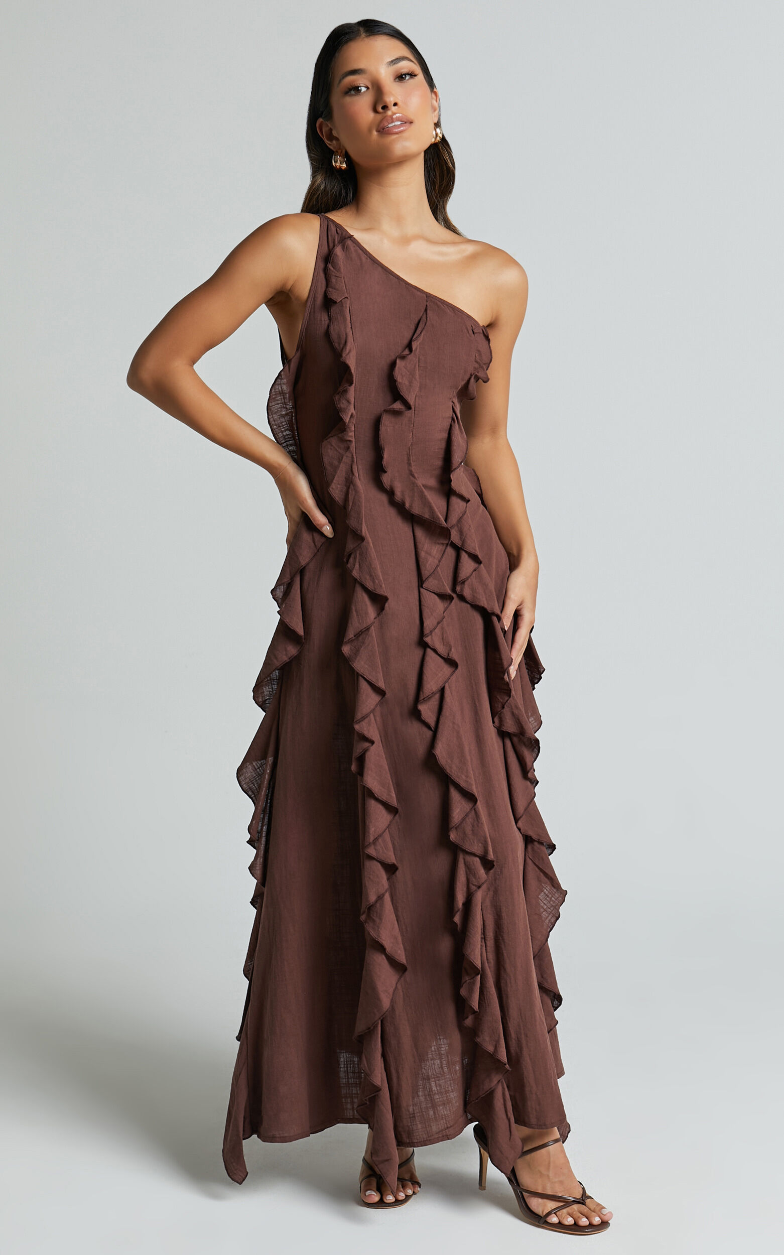 Britney Maxi Linen Dress - One Shoulder Ruffle Detail Dress in Chocolate