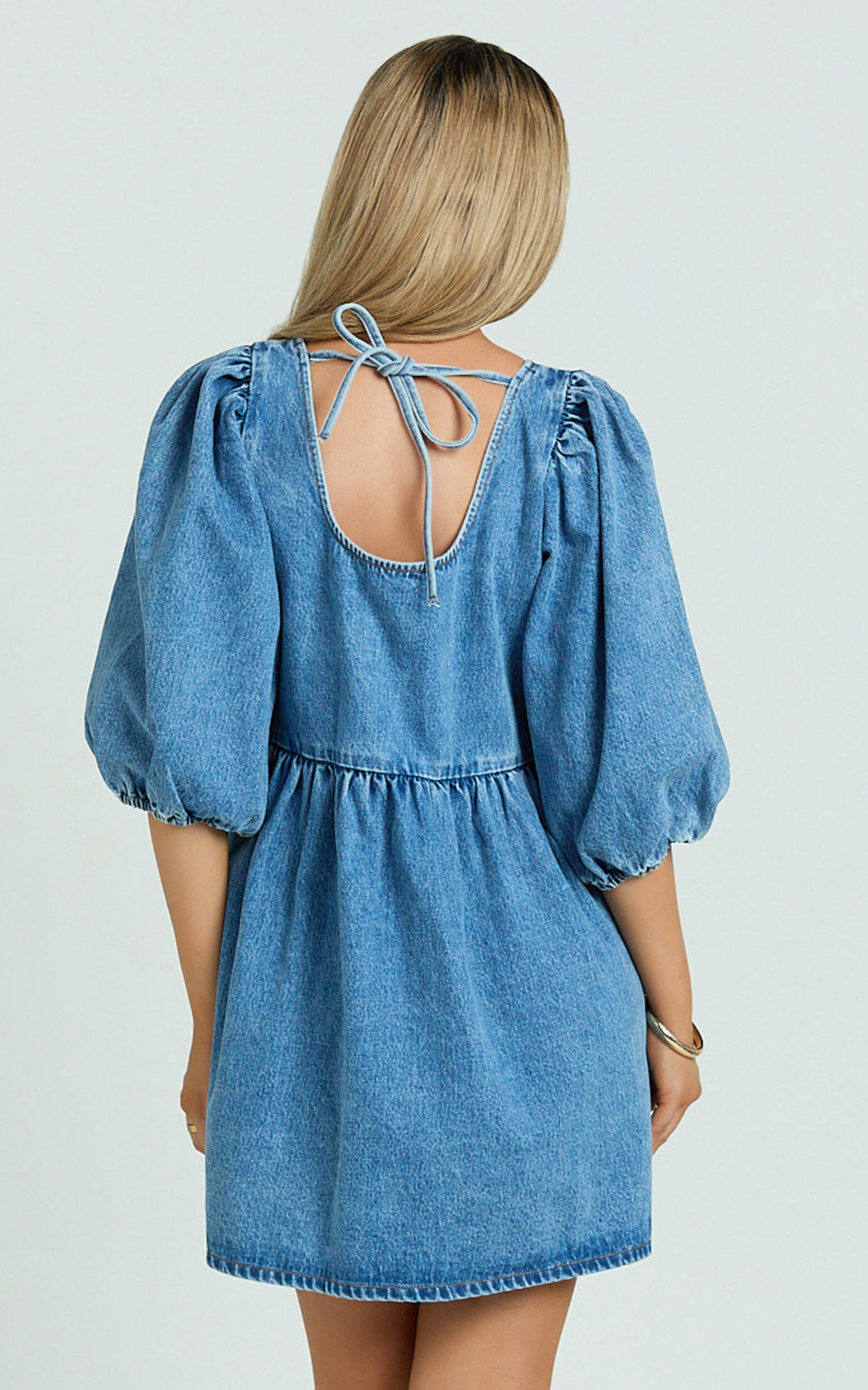 Shailene Mini Dress - Tie Front Puff Sleeve Recycled Denim Dress in Mid Blue Wash