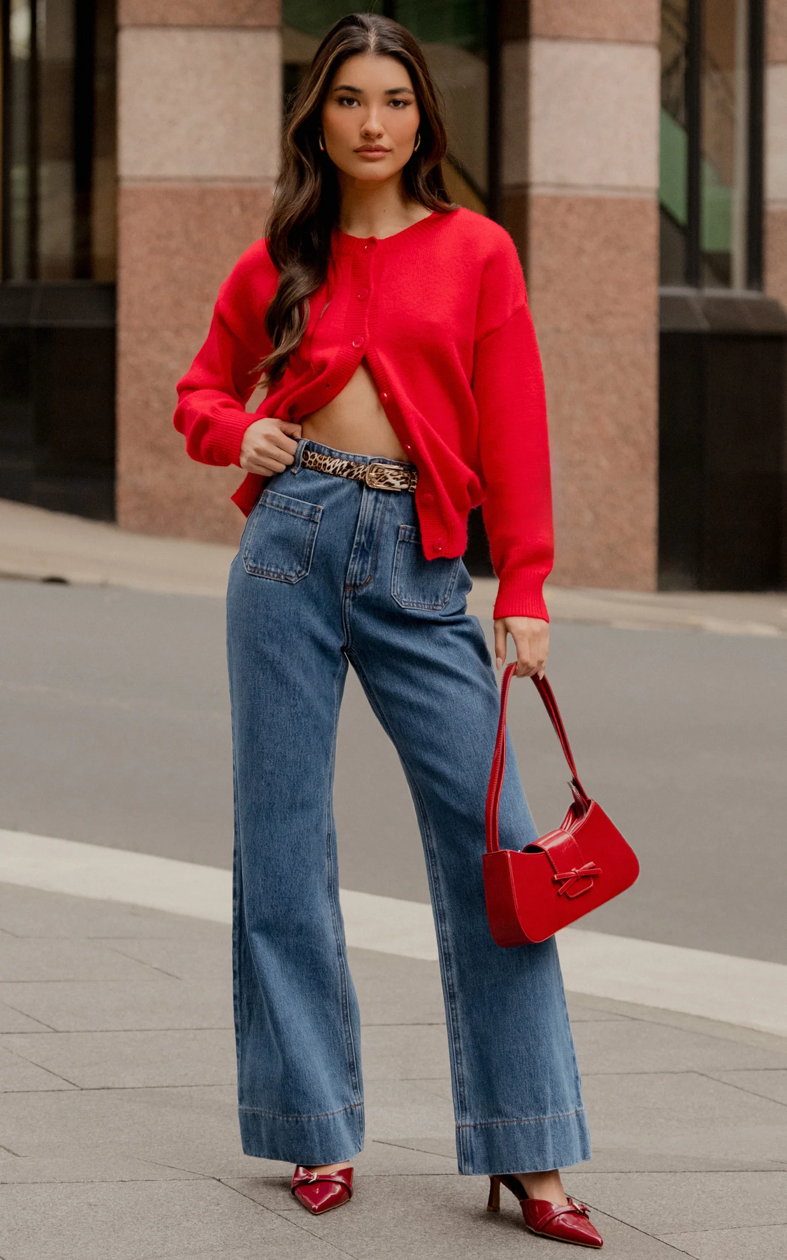 Vancouver Jeans - High Waist Straight Leg Patch Pocket Denim Jeans in Mid Blue Wash